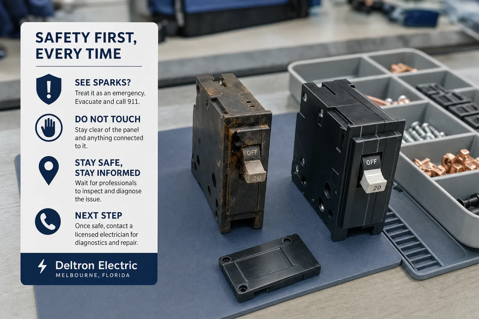 Removed circuit breaker beside replacement components on an electrical service workbench