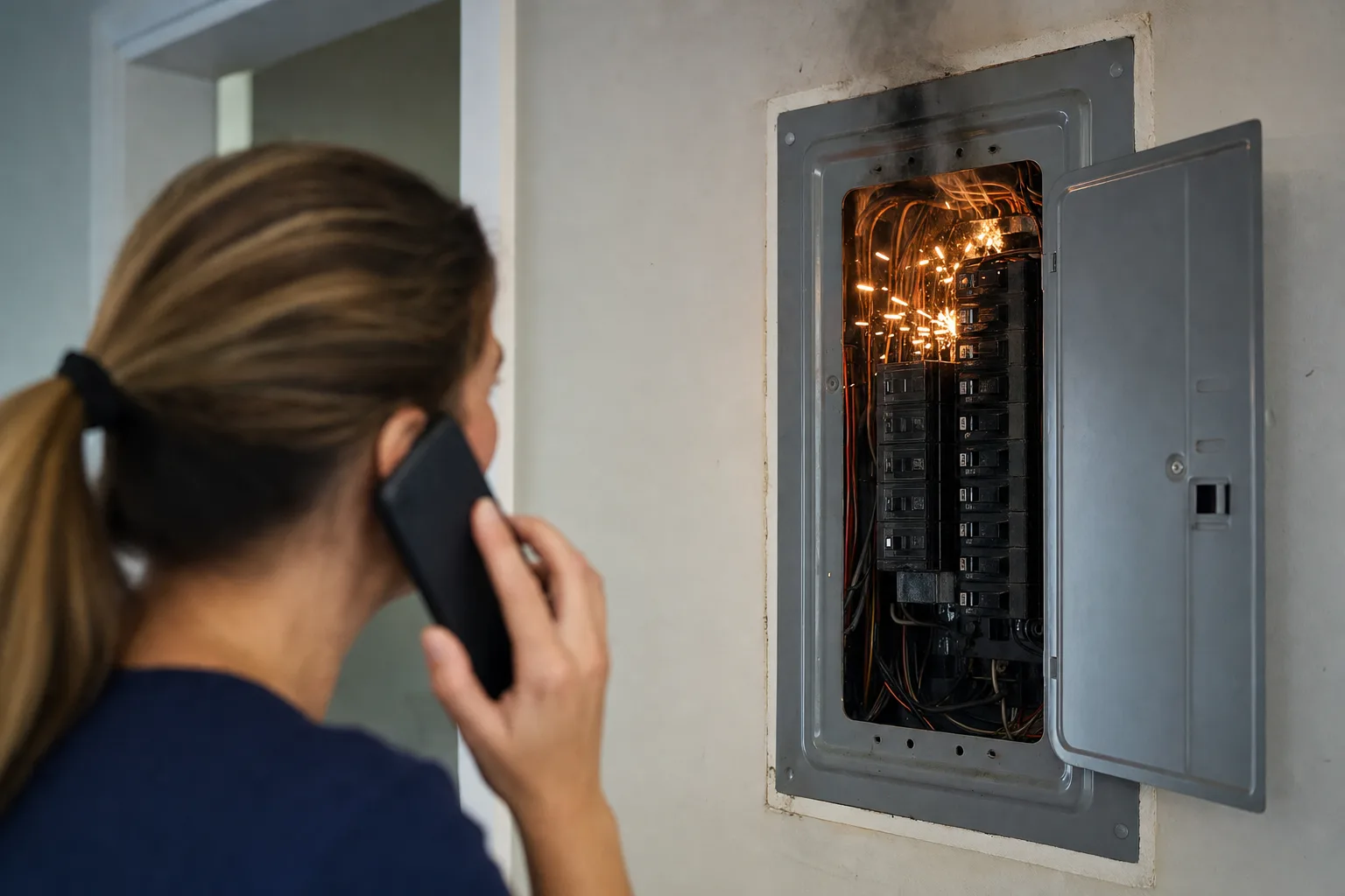 Safety sequence for a sparking panel: move away, call 911 for active danger, avoid touching the panel, and arrange electrical diagnosis after emergency clearance