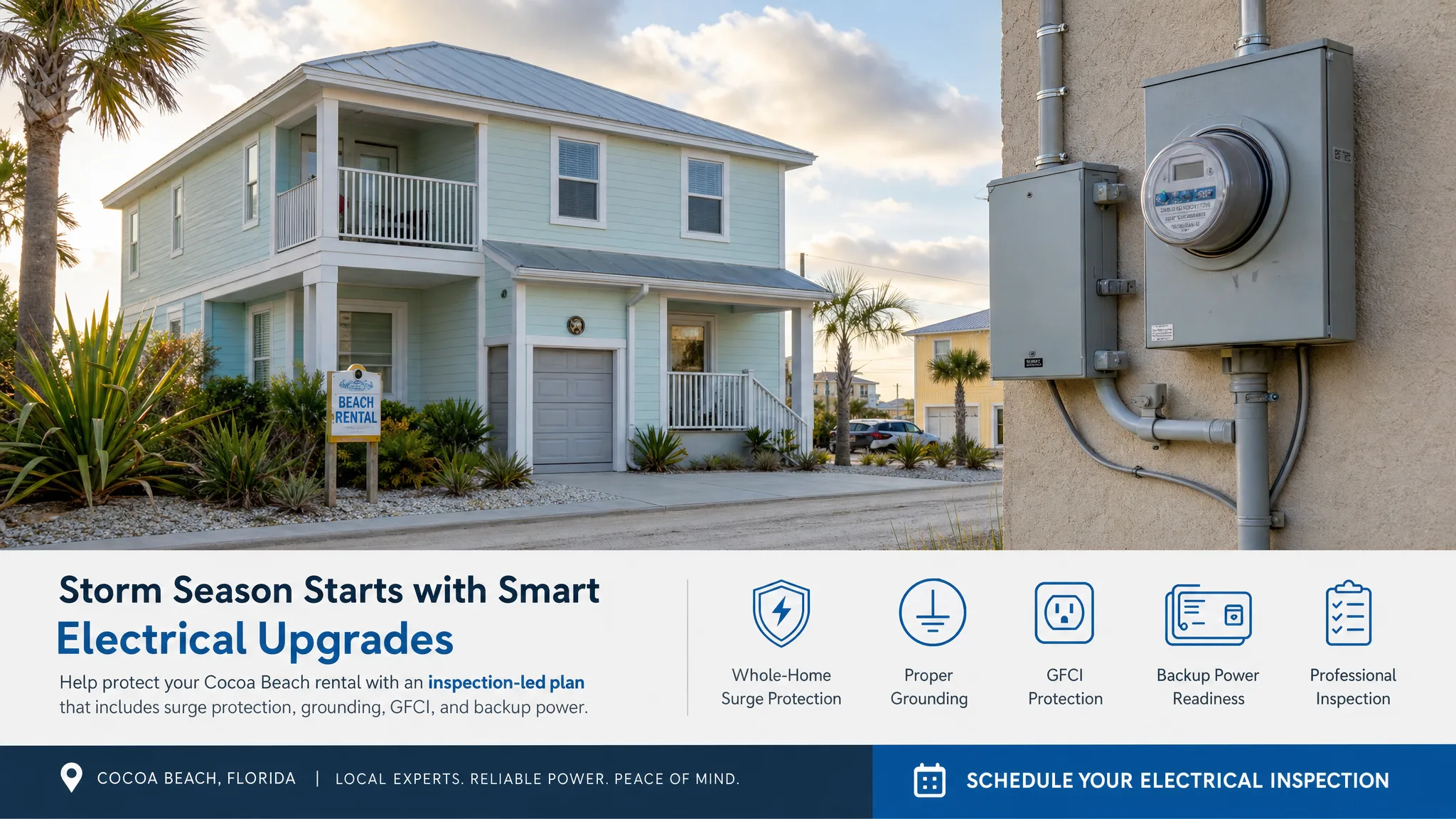 Cocoa Beach rental home with exterior electrical equipment prepared for storm season