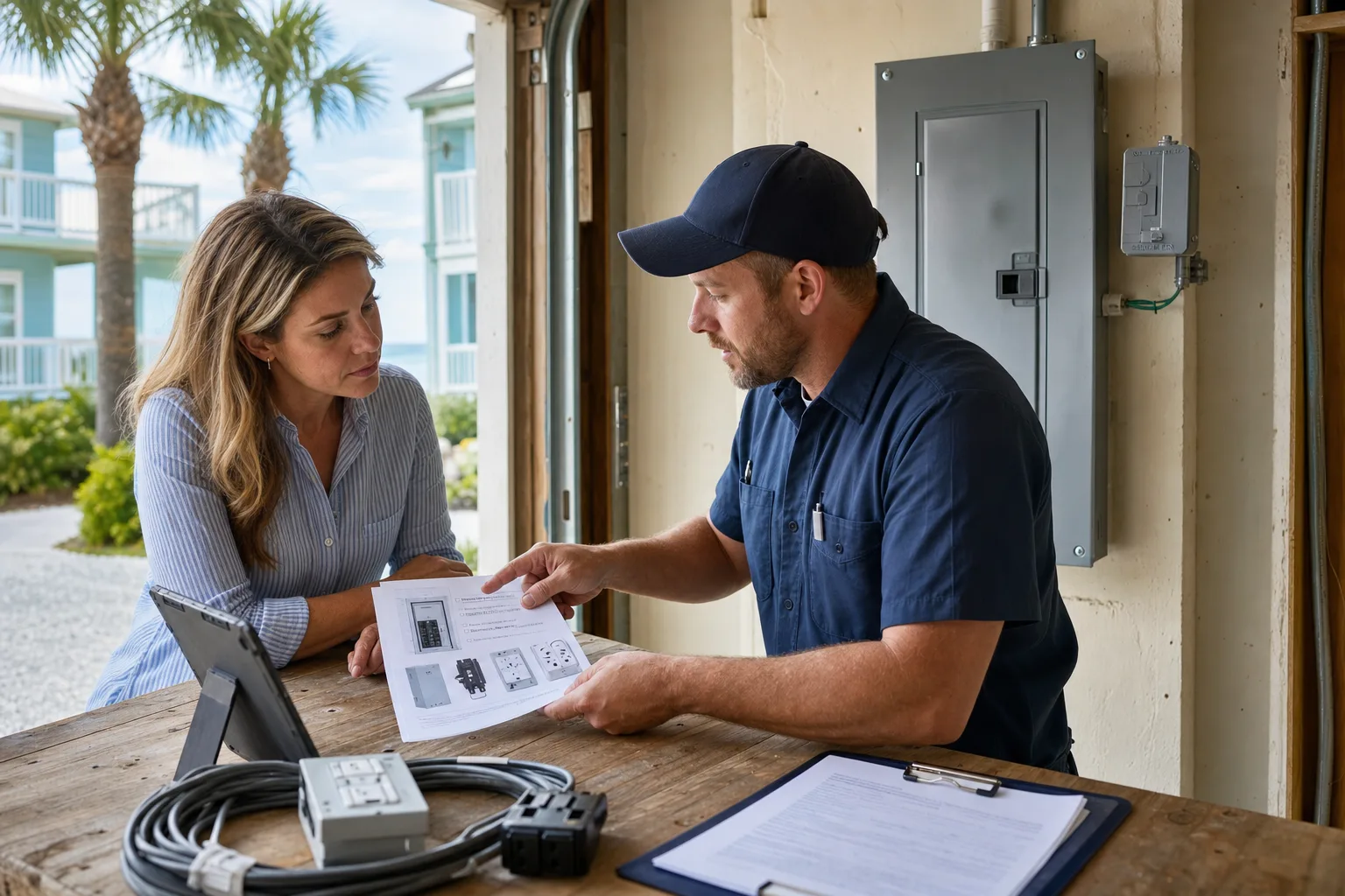 Property manager reviewing a Cocoa Beach rental electrical upgrade plan with an electrician