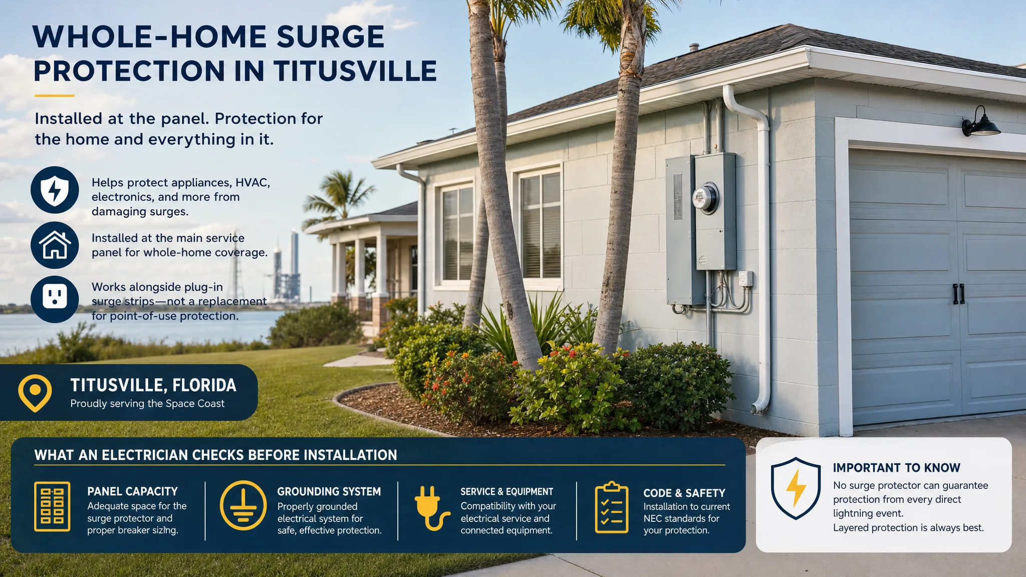 Titusville Florida home with an exterior electrical meter and service panel location prepared for whole-home surge protection