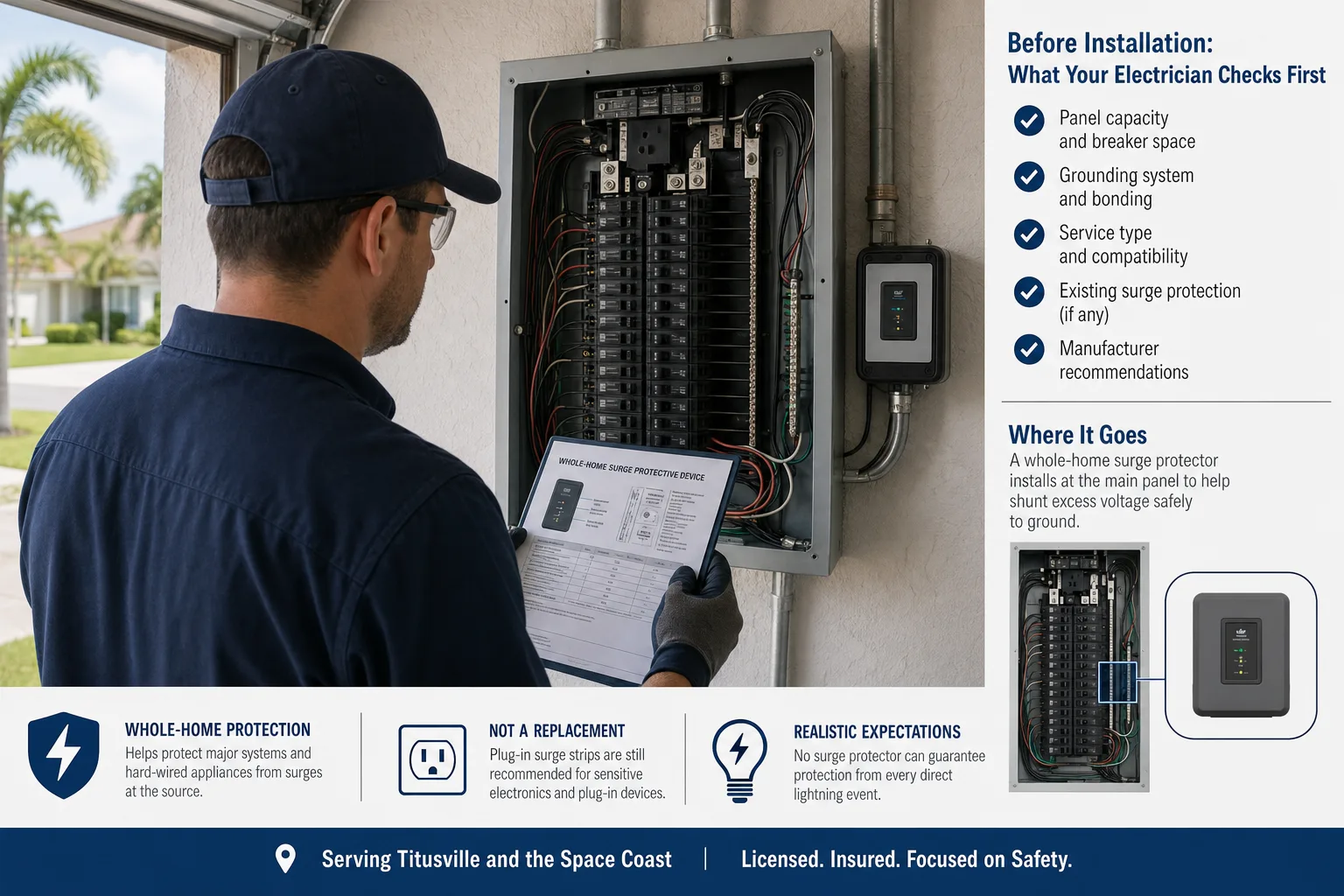 Licensed electrician assessing breaker space and panel compatibility for a whole-home surge protector