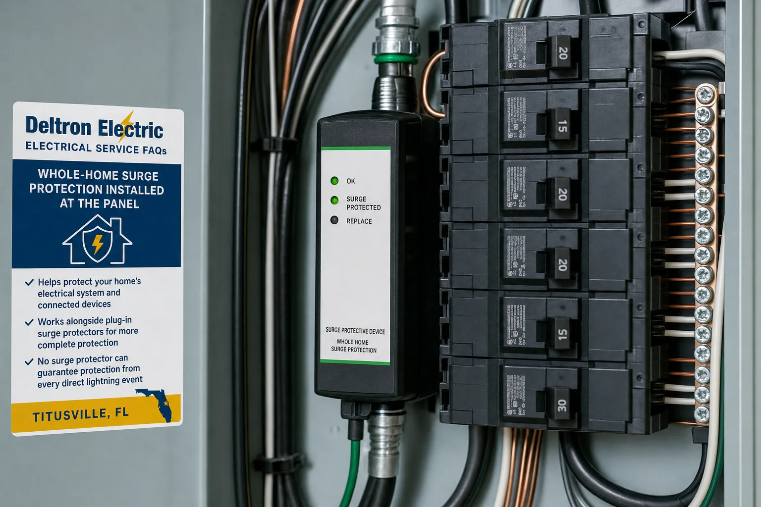Finished whole-home surge protective device installed beside breakers in a residential electrical panel