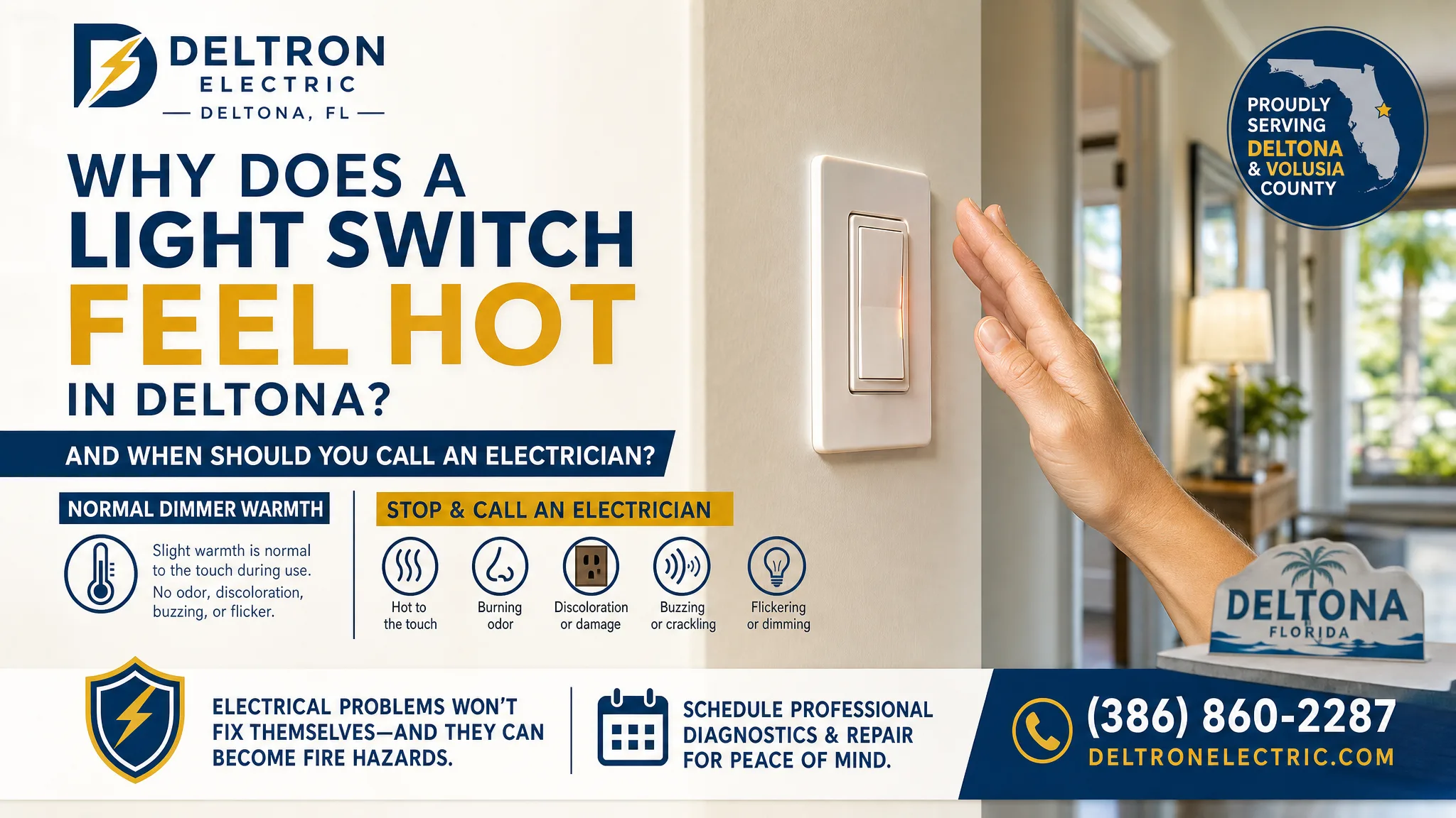 Warm light switch on a wall in a Deltona home awaiting professional electrical diagnosis