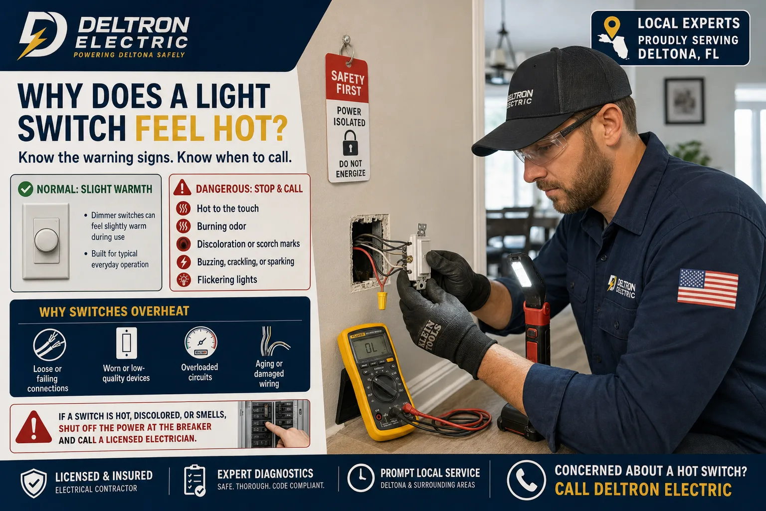 Electrician inspecting disconnected light switch wiring during a Deltona electrical repair