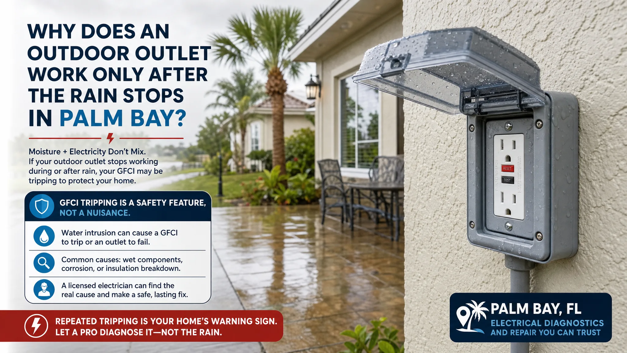 Weather-resistant outdoor outlet on a Palm Bay home exterior after a Florida rain shower