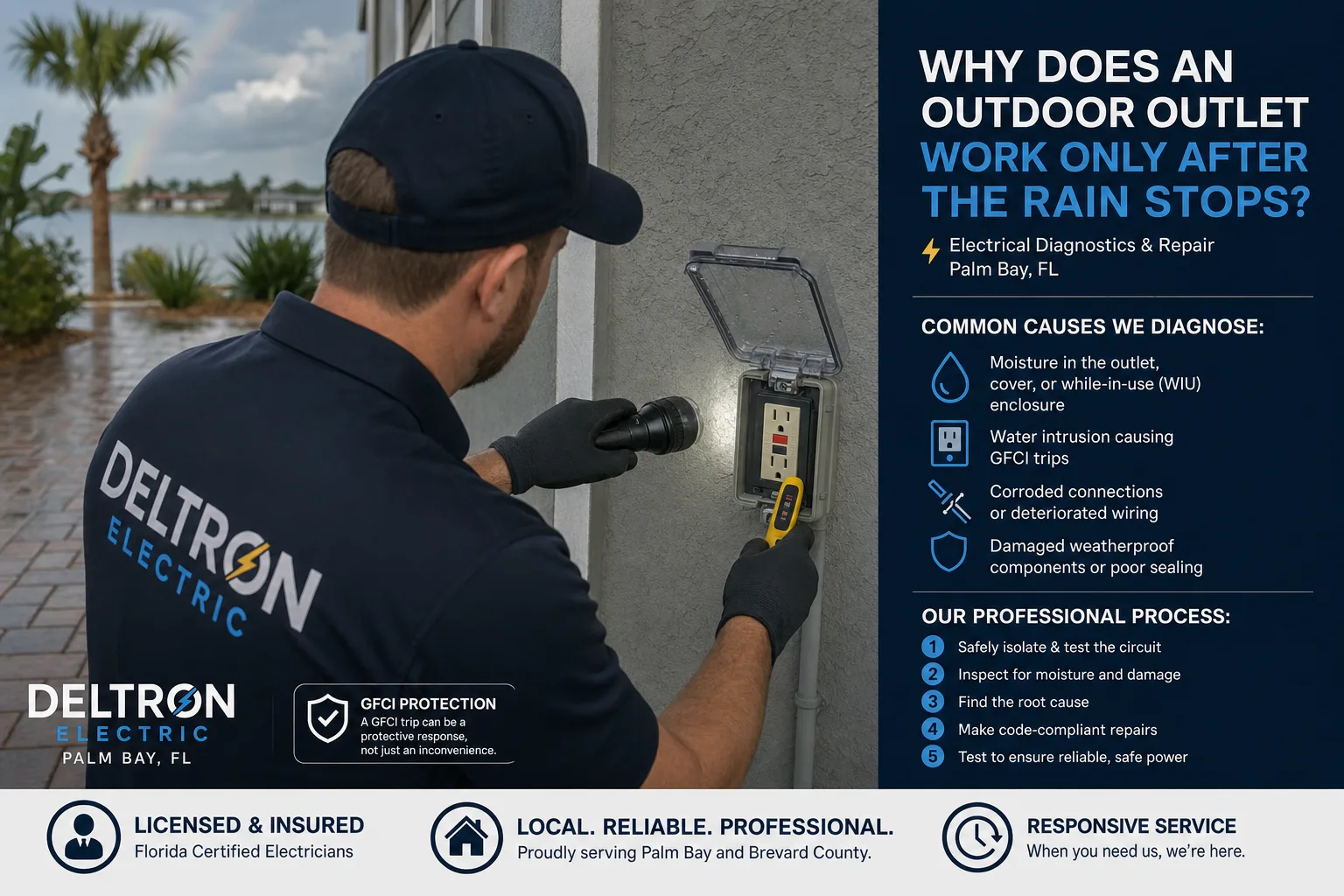 Licensed electrician inspecting an outdoor GFCI outlet for moisture-related problems