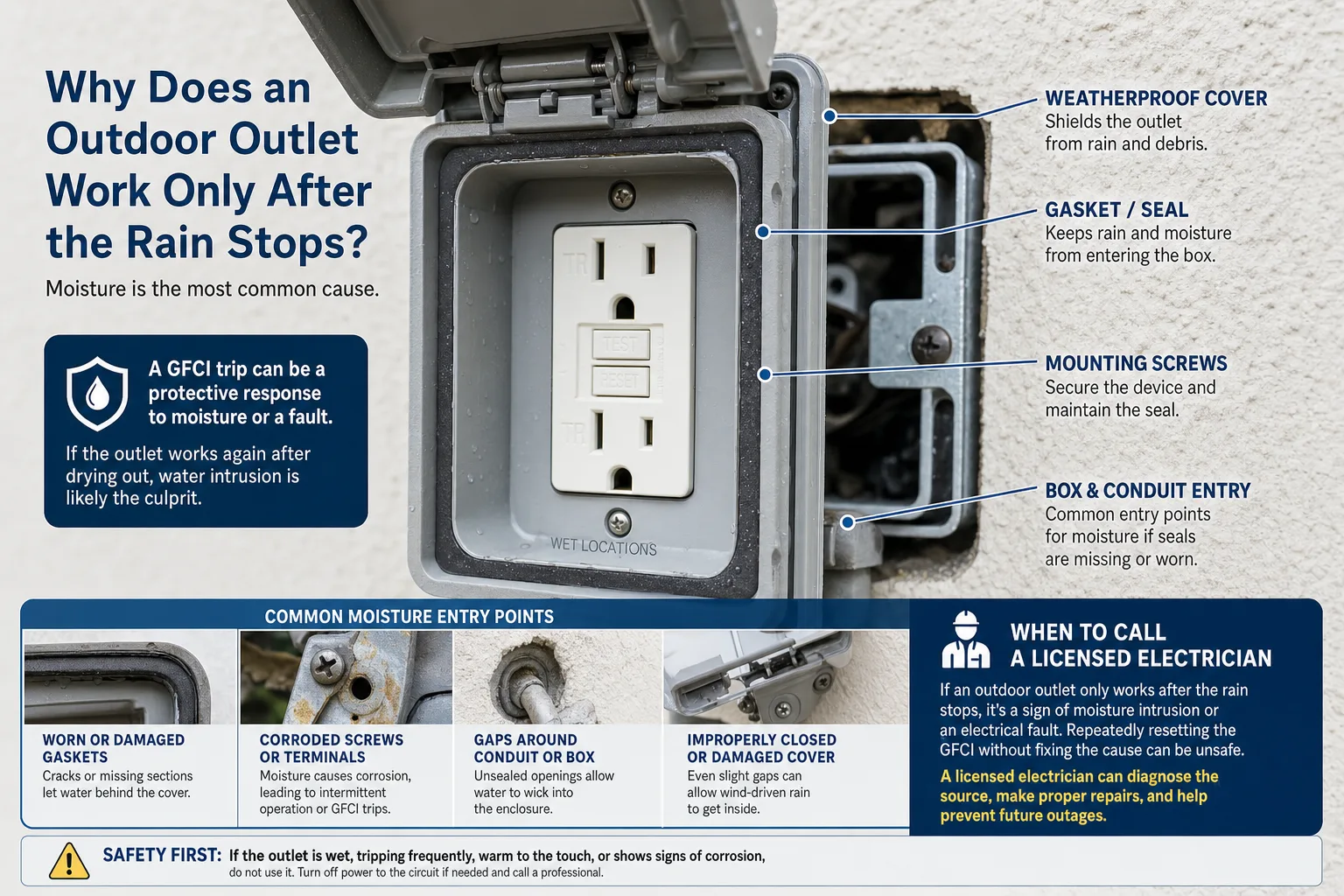 Close view of a weatherproof outlet cover gasket and electrical box components
