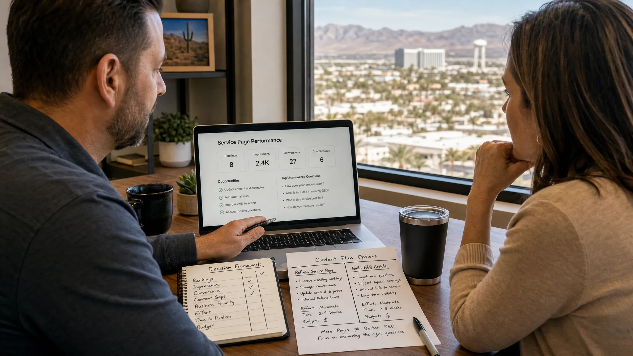 Summerlin small business owner comparing a service page refresh with a supporting FAQ content plan