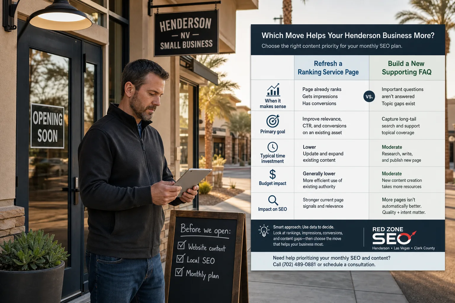 Summerlin local business owner reviewing website content priorities before opening
