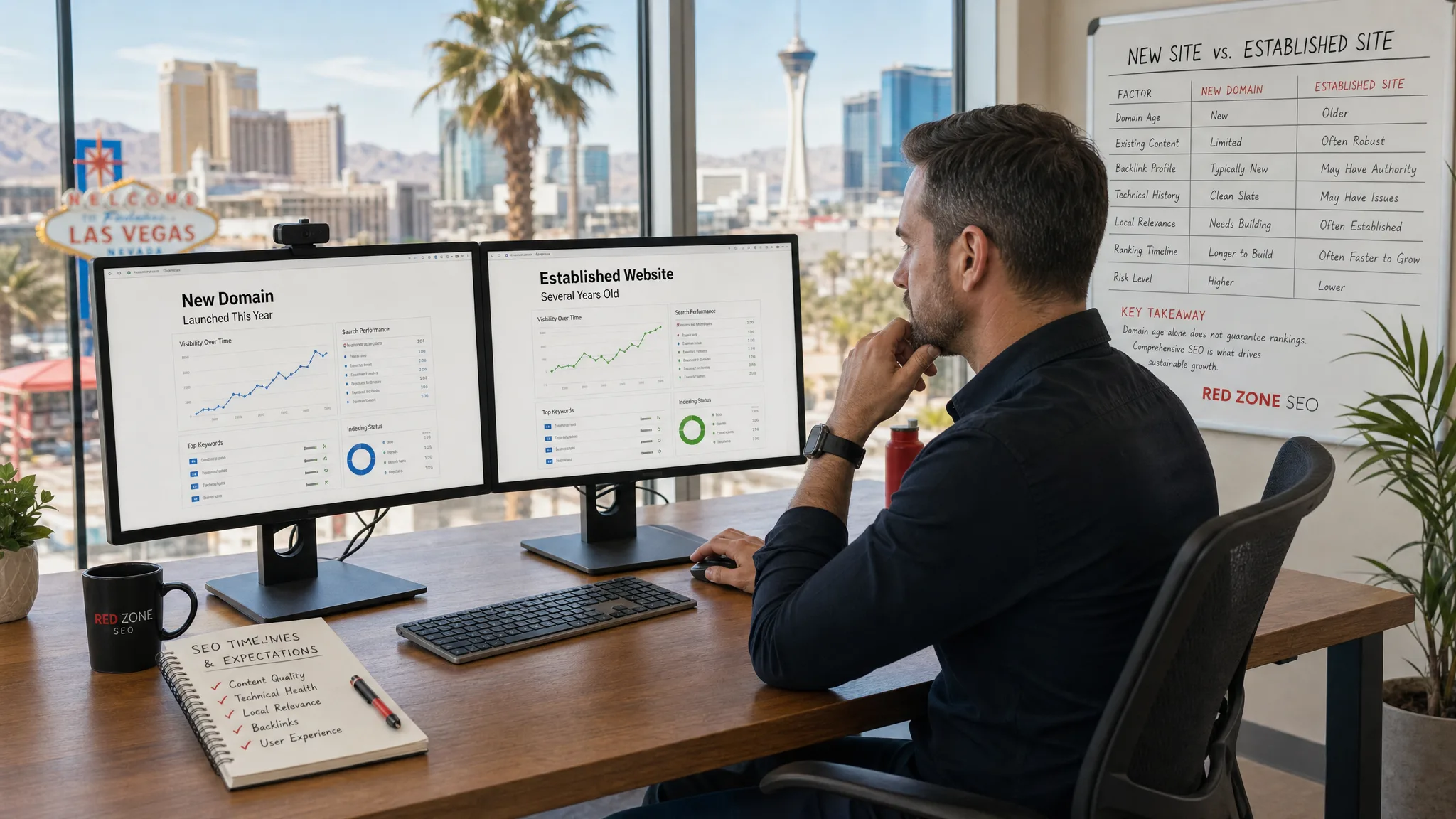 Las Vegas small business owner comparing a new website launch with an established website's SEO performance