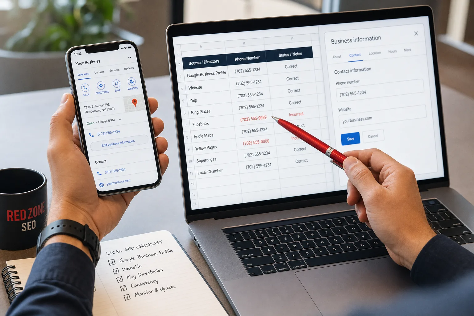 Close-up of a business owner comparing a correct phone number across local business listing records