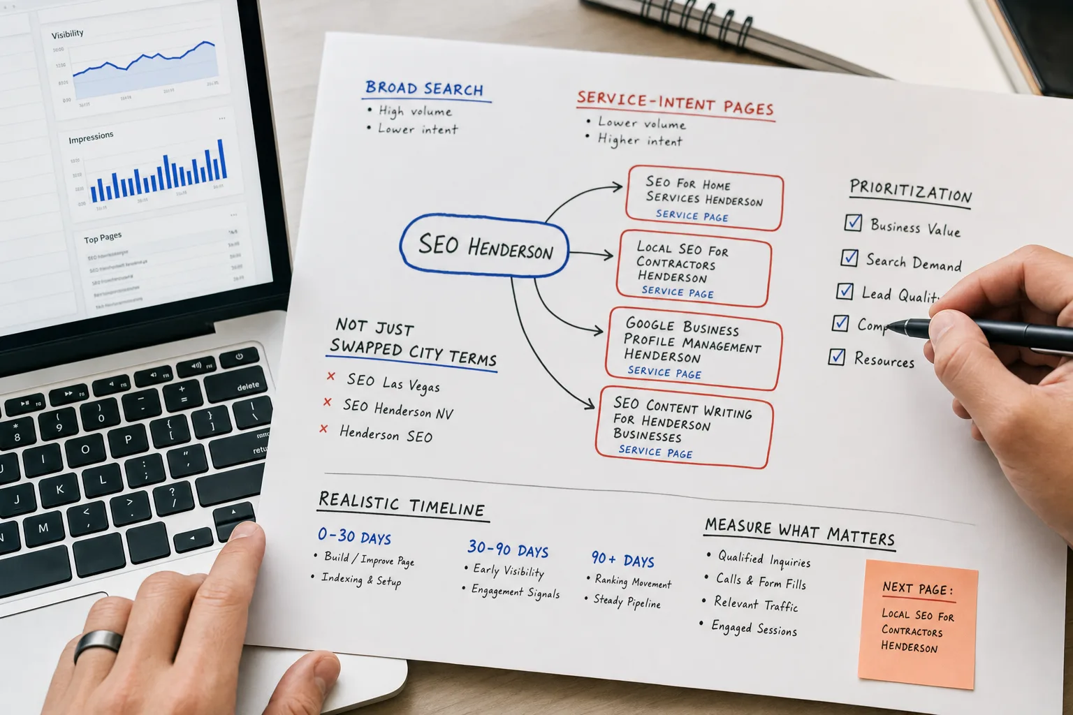 Close-up of an SEO keyword map comparing broad Summerlin searches with service-intent page topics