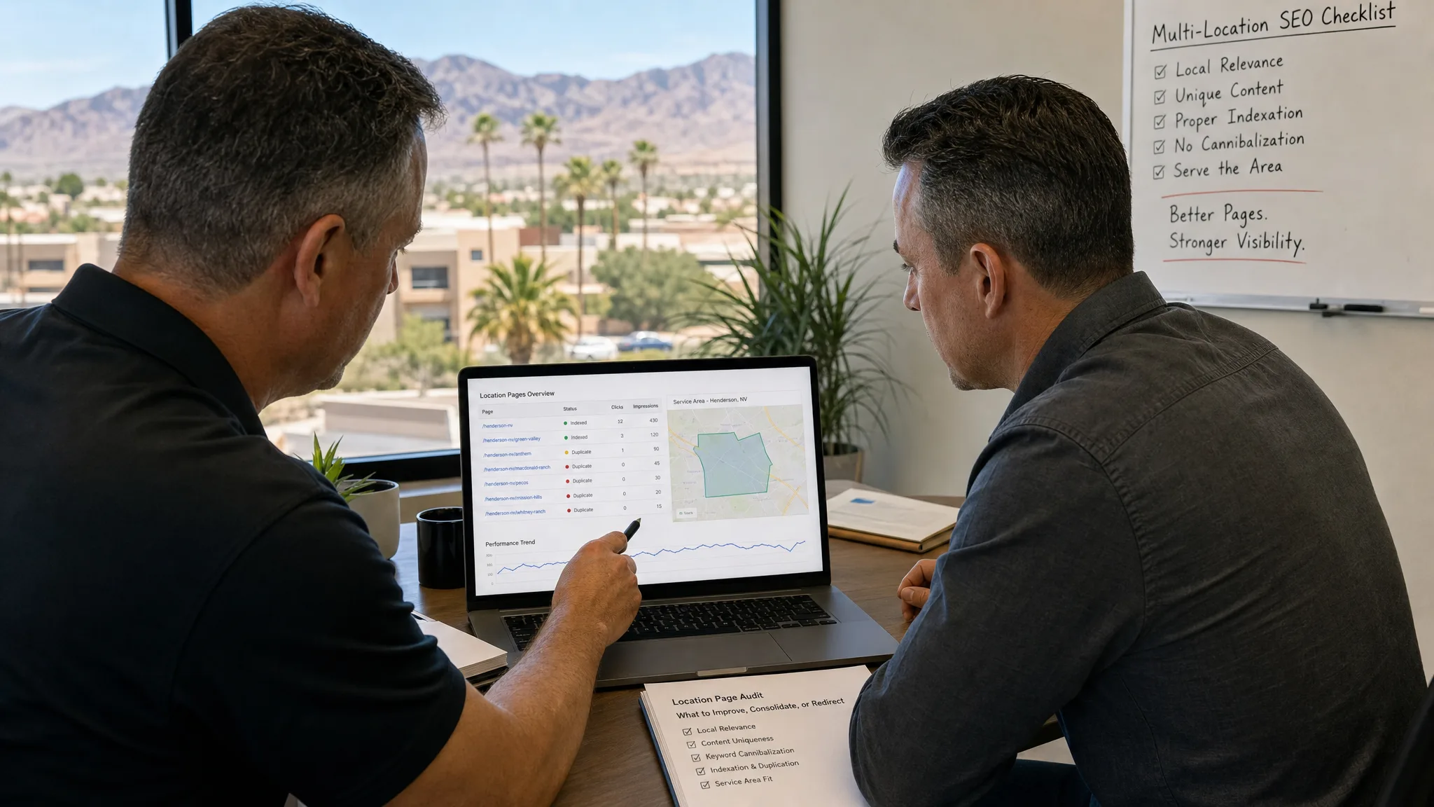 Summerlin business owner reviewing a map and city-page performance on a laptop