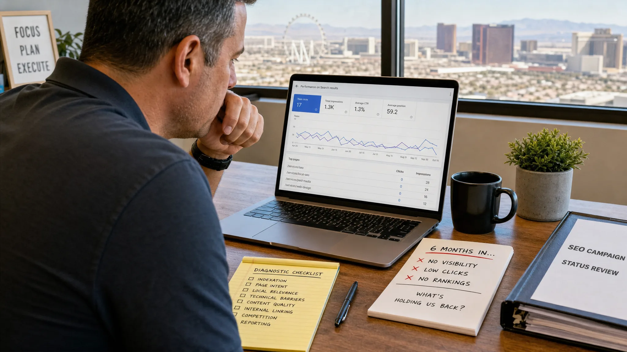 Las Vegas business owner reviewing an SEO dashboard with core service pages receiving little organic visibility