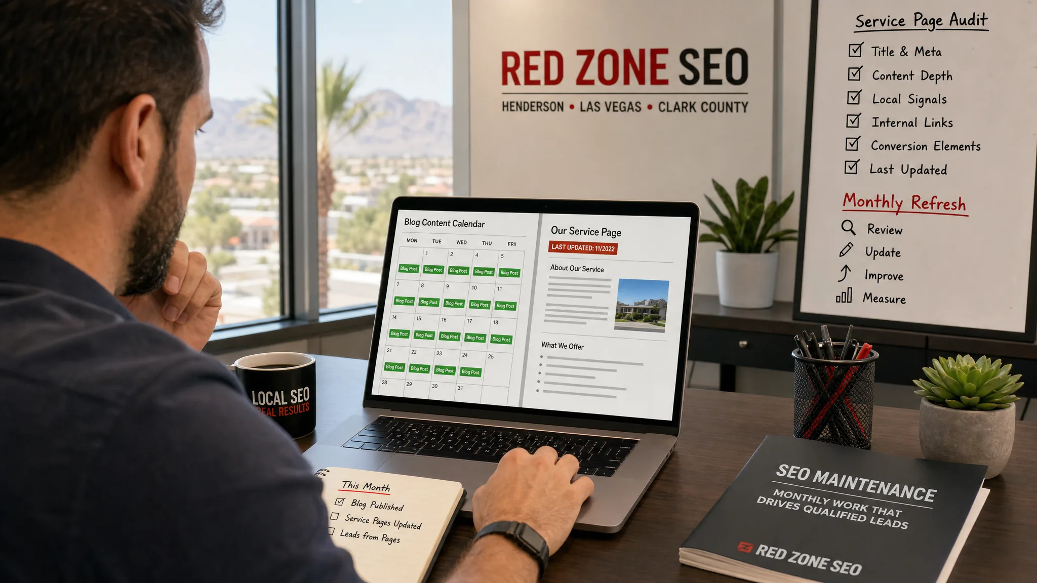 Henderson small-business owner reviewing blog posts and outdated service pages on a laptop