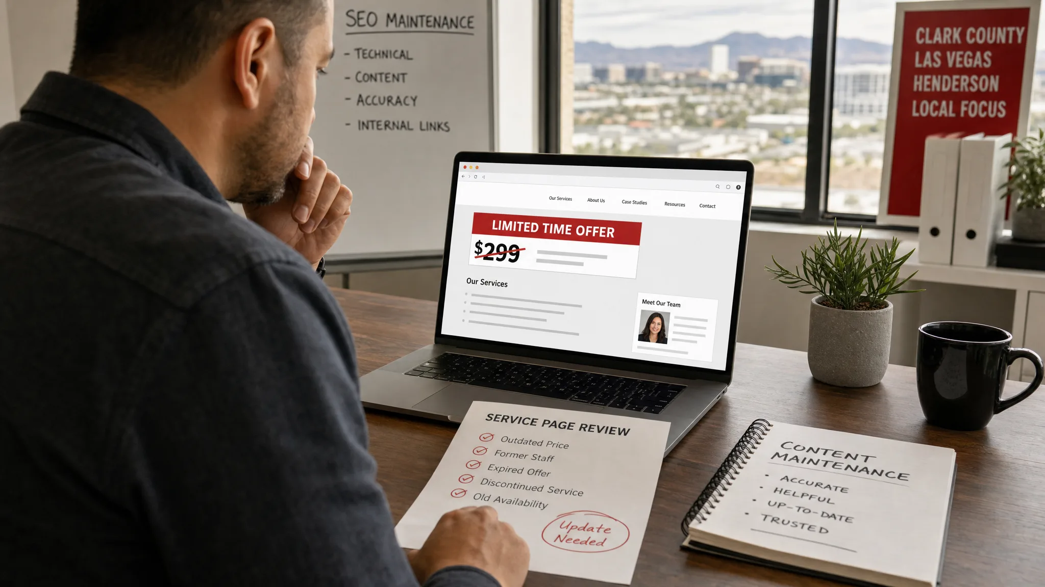 Clark County small business owner reviewing an outdated service page with an old promotional price