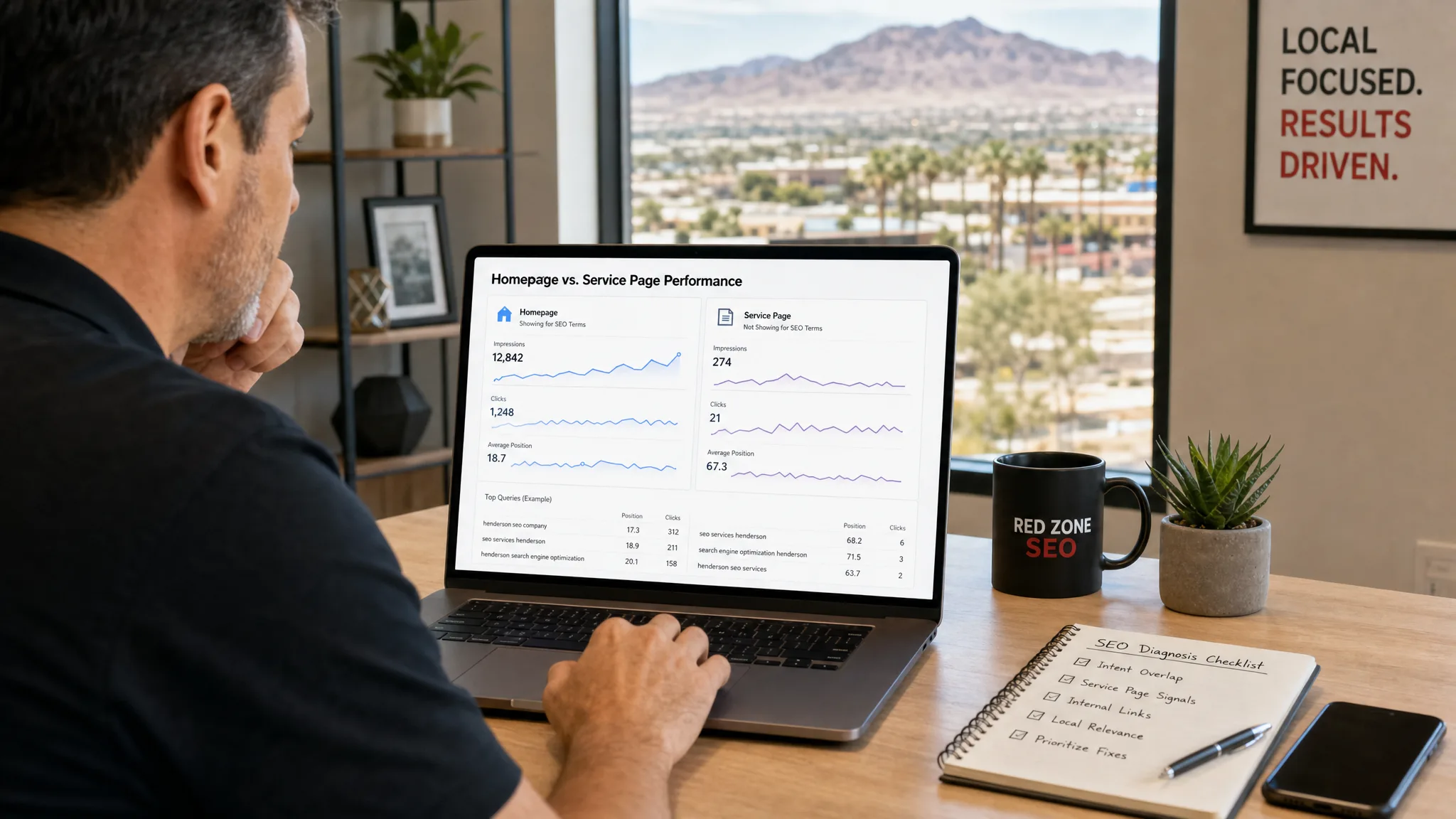 Summerlin small business owner comparing homepage and service page search performance on a laptop