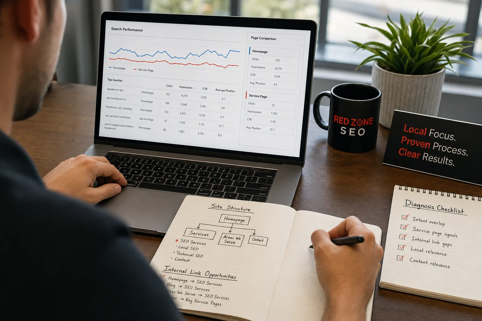 SEO specialist reviewing service page search data and website structure for a Summerlin business