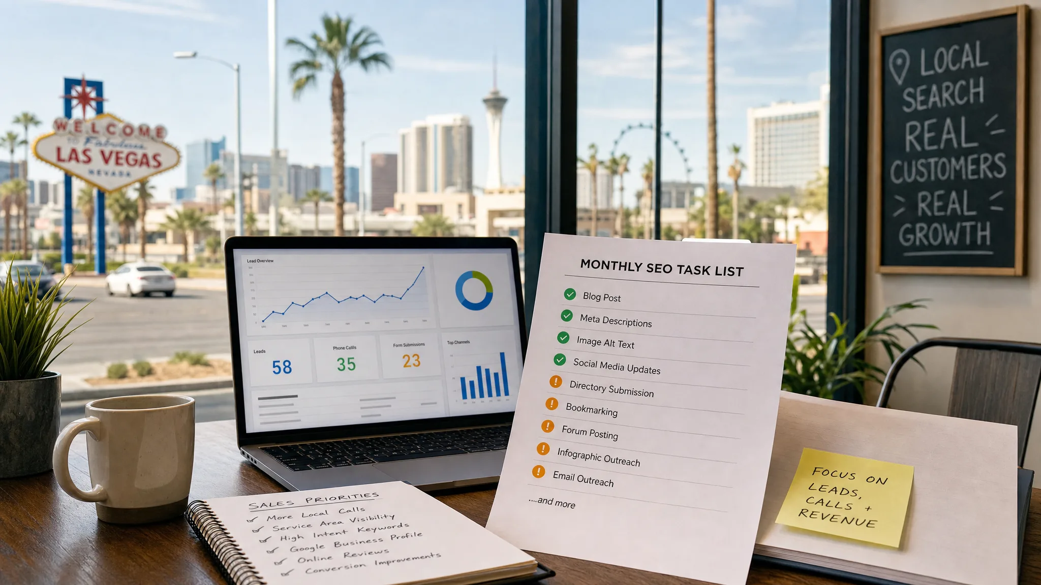 Clark County small business owner reviewing an SEO task list and sales dashboard