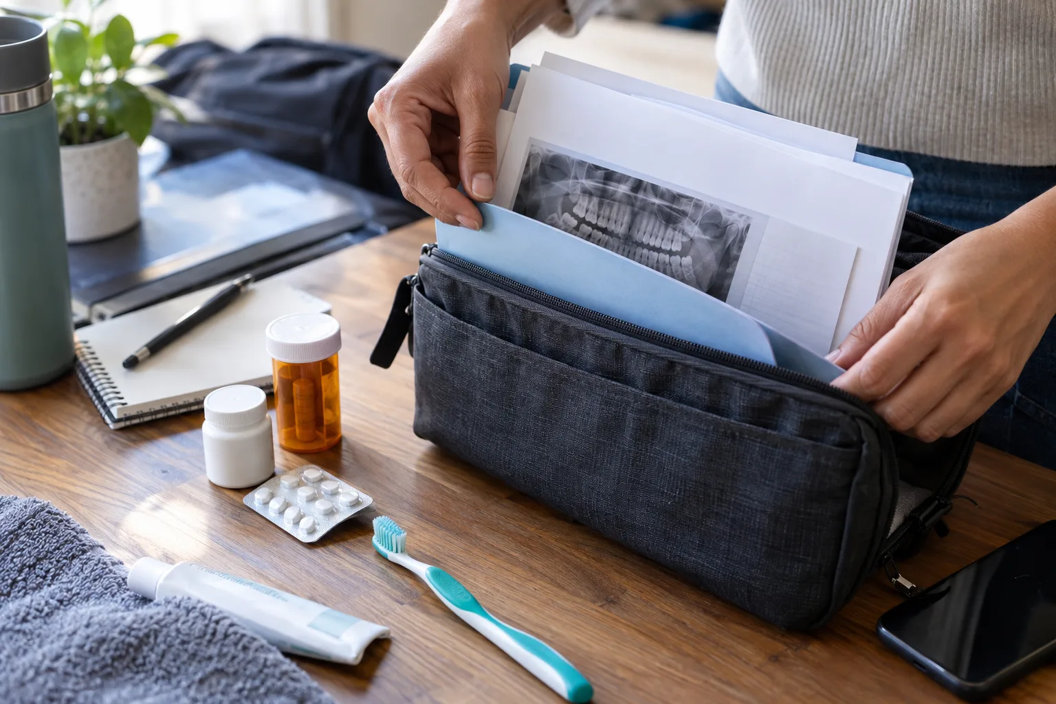 Dental paperwork and medication containers being organized in a document pouch