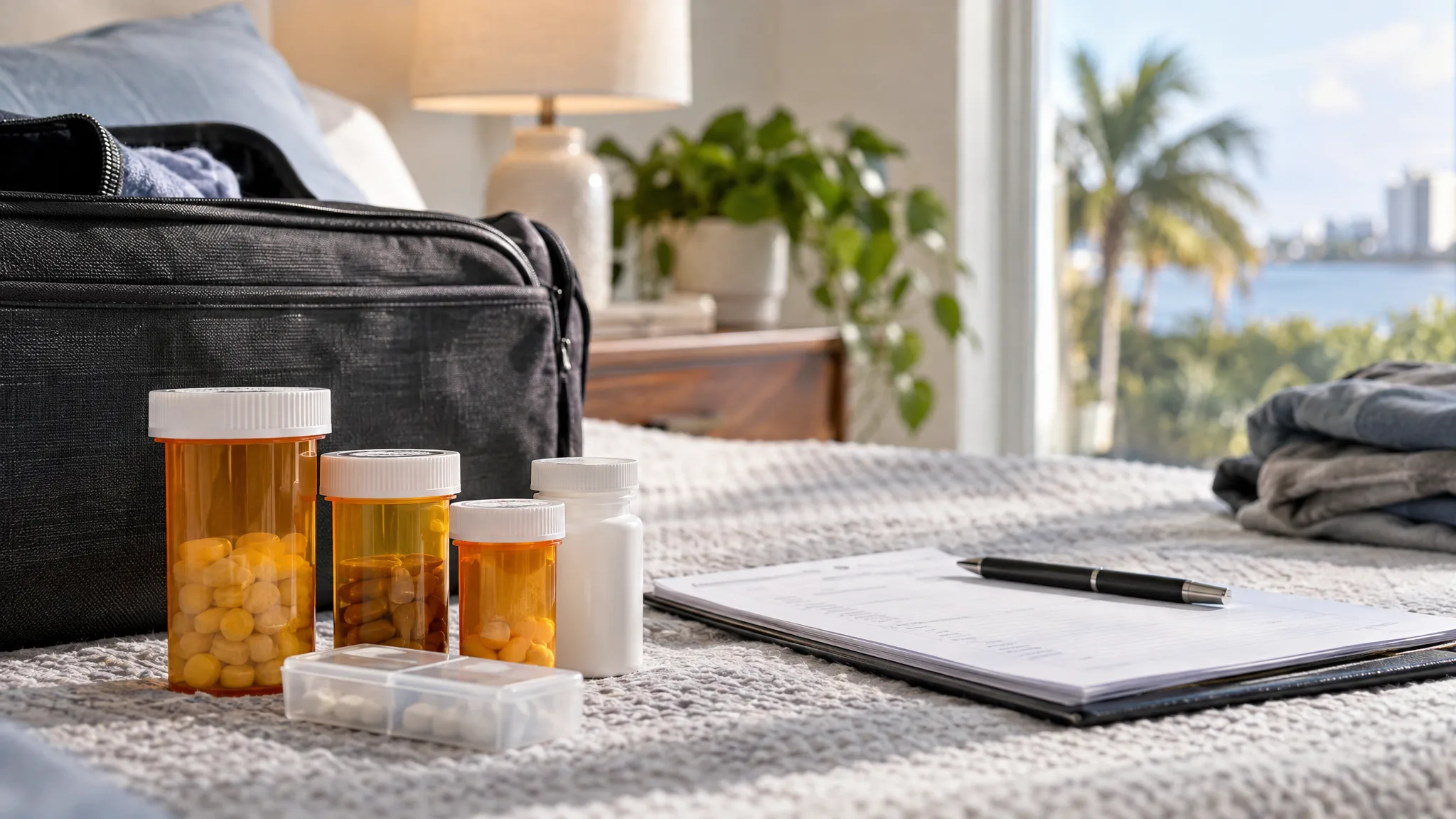 Prescription containers beside a medication list and a small travel bag