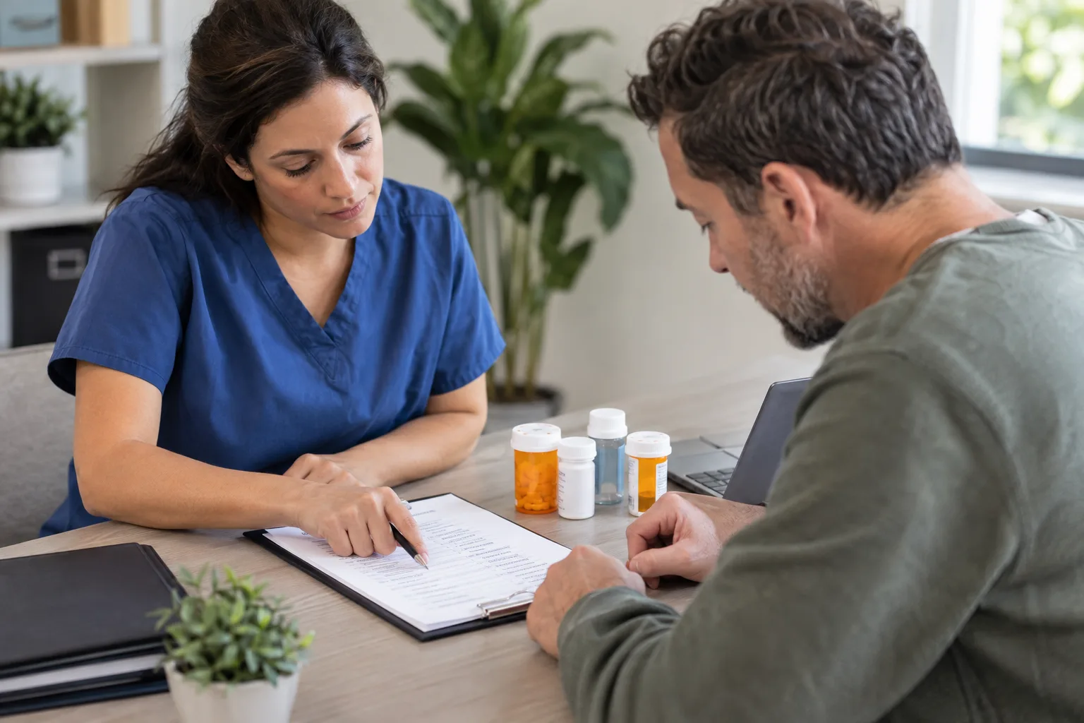 An adult discussing a medication list with a healthcare professional