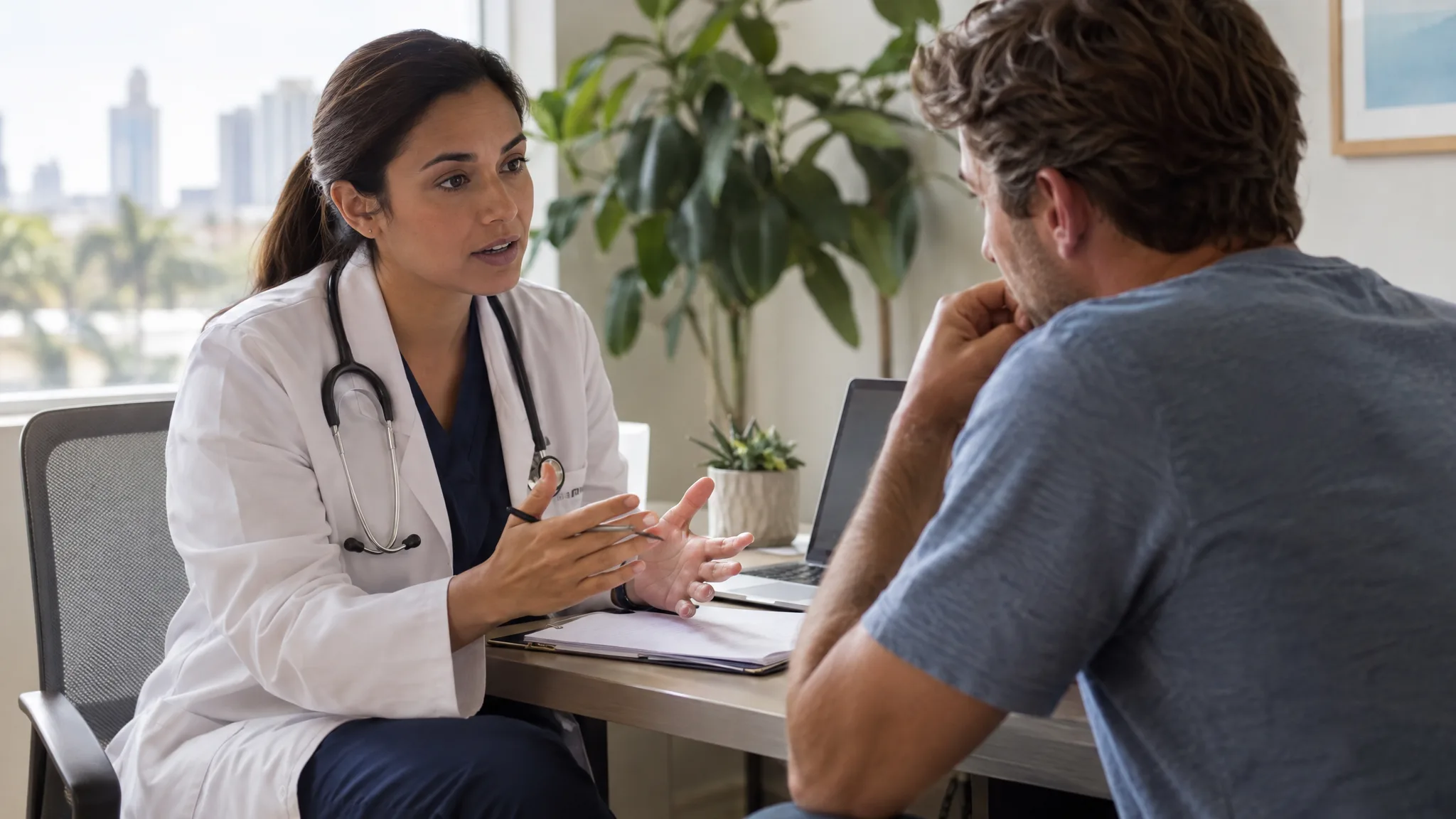 Clinician discussing a medication history with an adult during an assessment