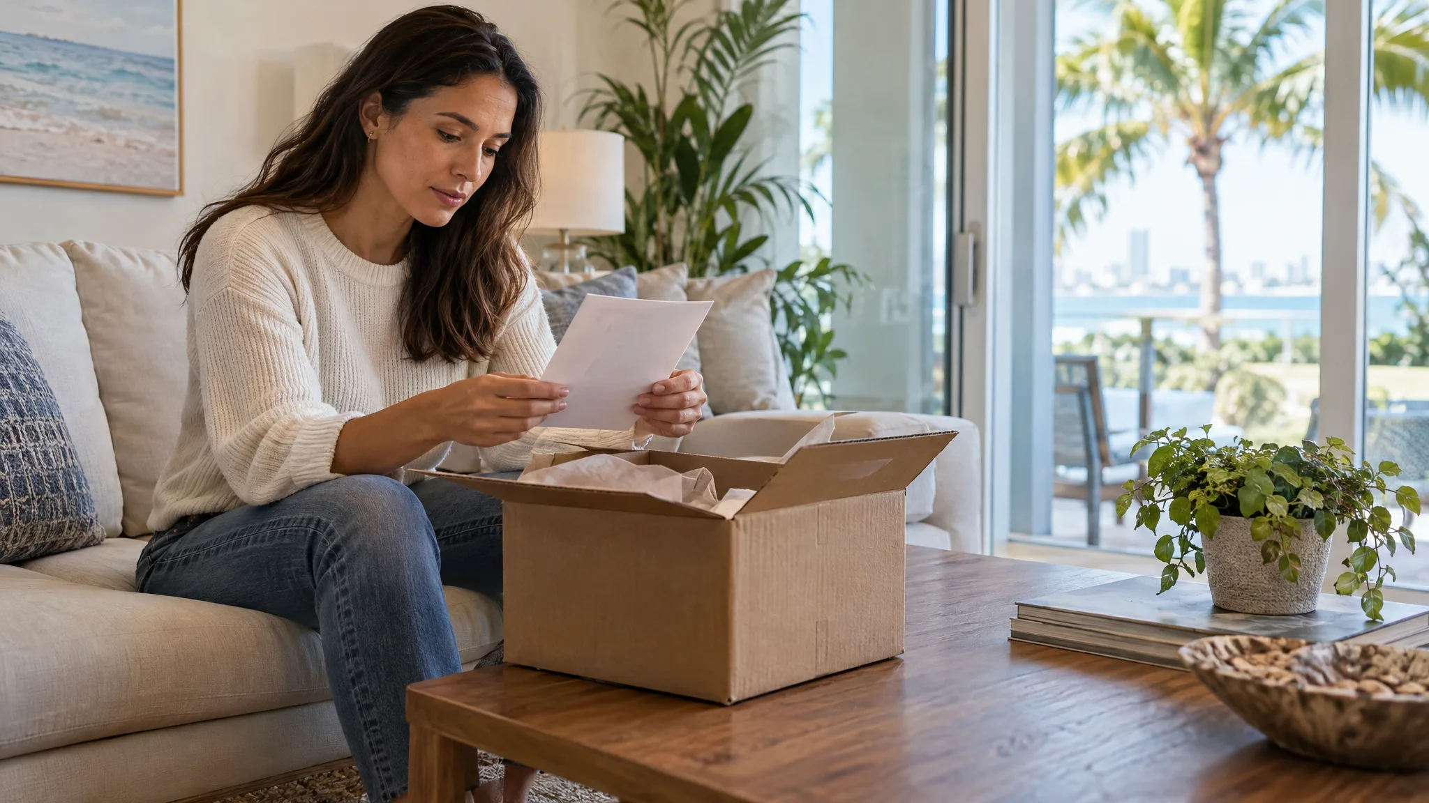 Person checking delivery instructions beside an unsealed parcel at home