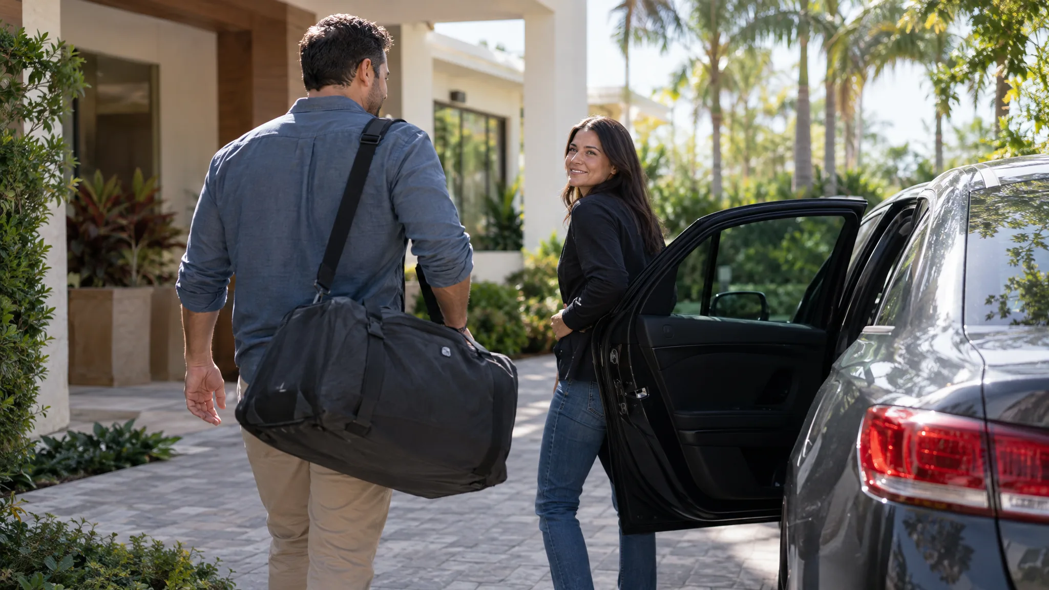 An adult with an overnight bag approaching a parked car with a support person