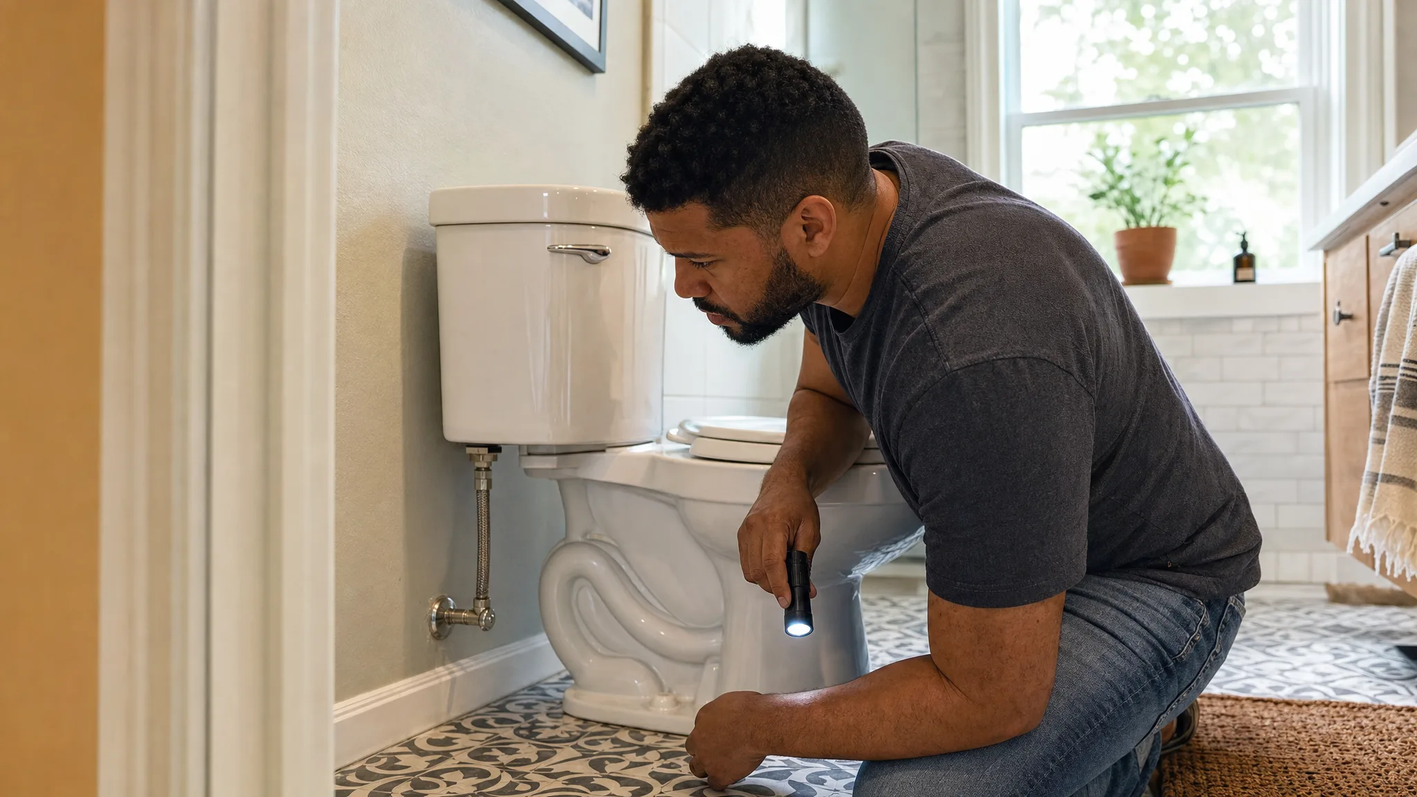 A Five-Minute Monthly Check for Toilet Supply Lines, Shutoff Valves, and Tank Leaks Homeowner using a flashlight to inspect a toilet supply line and shutoff valve beside a bathroom toilet