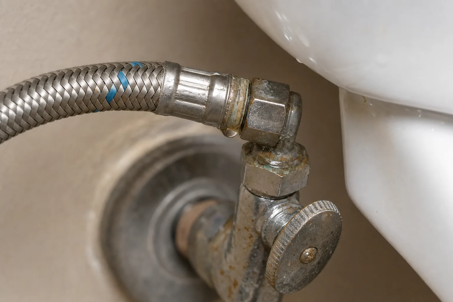 A Five-Minute Monthly Check for Toilet Supply Lines, Shutoff Valves, and Tank Leaks Close-up of a braided toilet supply line connection with a small bead of moisture and light corrosion