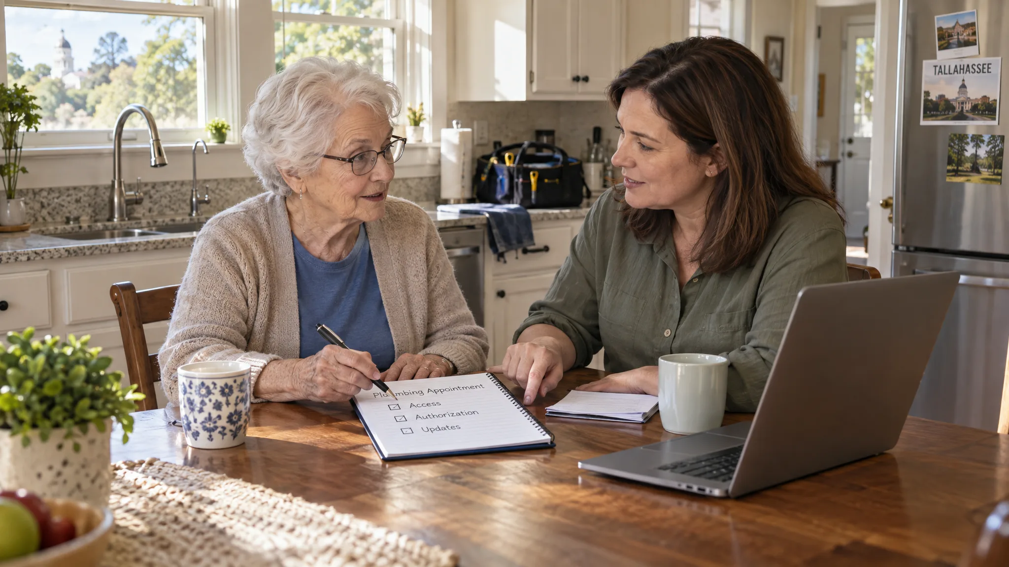 Booking a Plumber for an Elderly Relative: Confirming Access, Authorization, and Updates An older adult and a family member discuss a plumbing appointment at a kitchen table