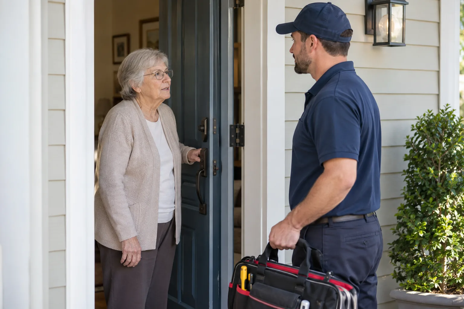 Booking a Plumber for an Elderly Relative: Confirming Access, Authorization, and Updates A designated family member greets a plumbing technician at the doorway