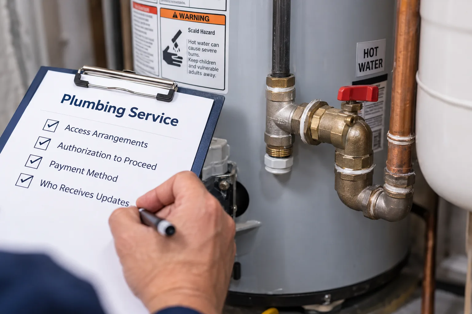 Booking a Plumber for an Elderly Relative: Confirming Access, Authorization, and Updates Booking a Plumber for an Elderly Relative: Confirming Access, Authorization, and Updates checklist infographic for Tallahassee