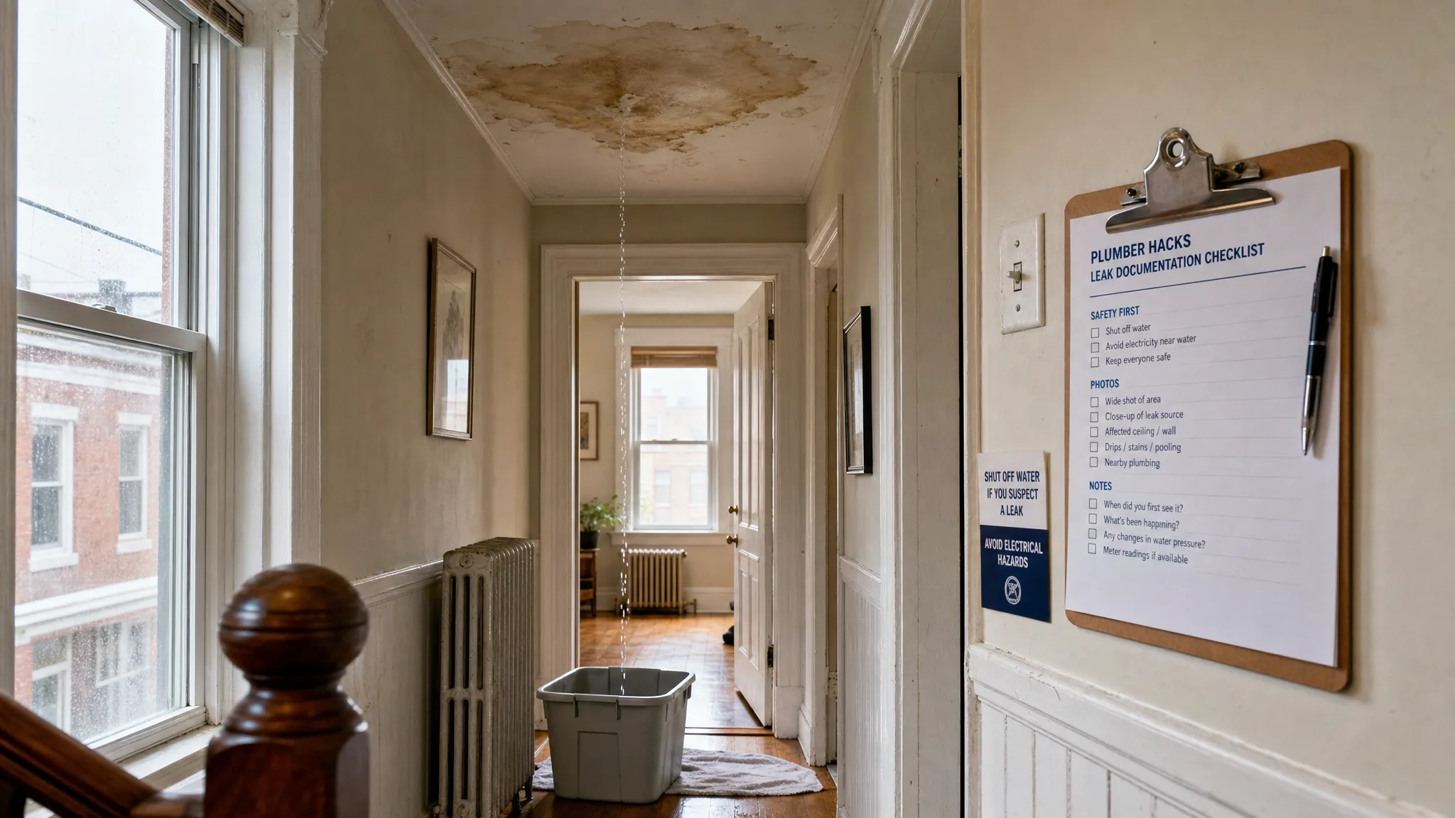 Water stain and active drip below a wet ceiling in a Philadelphia rowhouse hallway