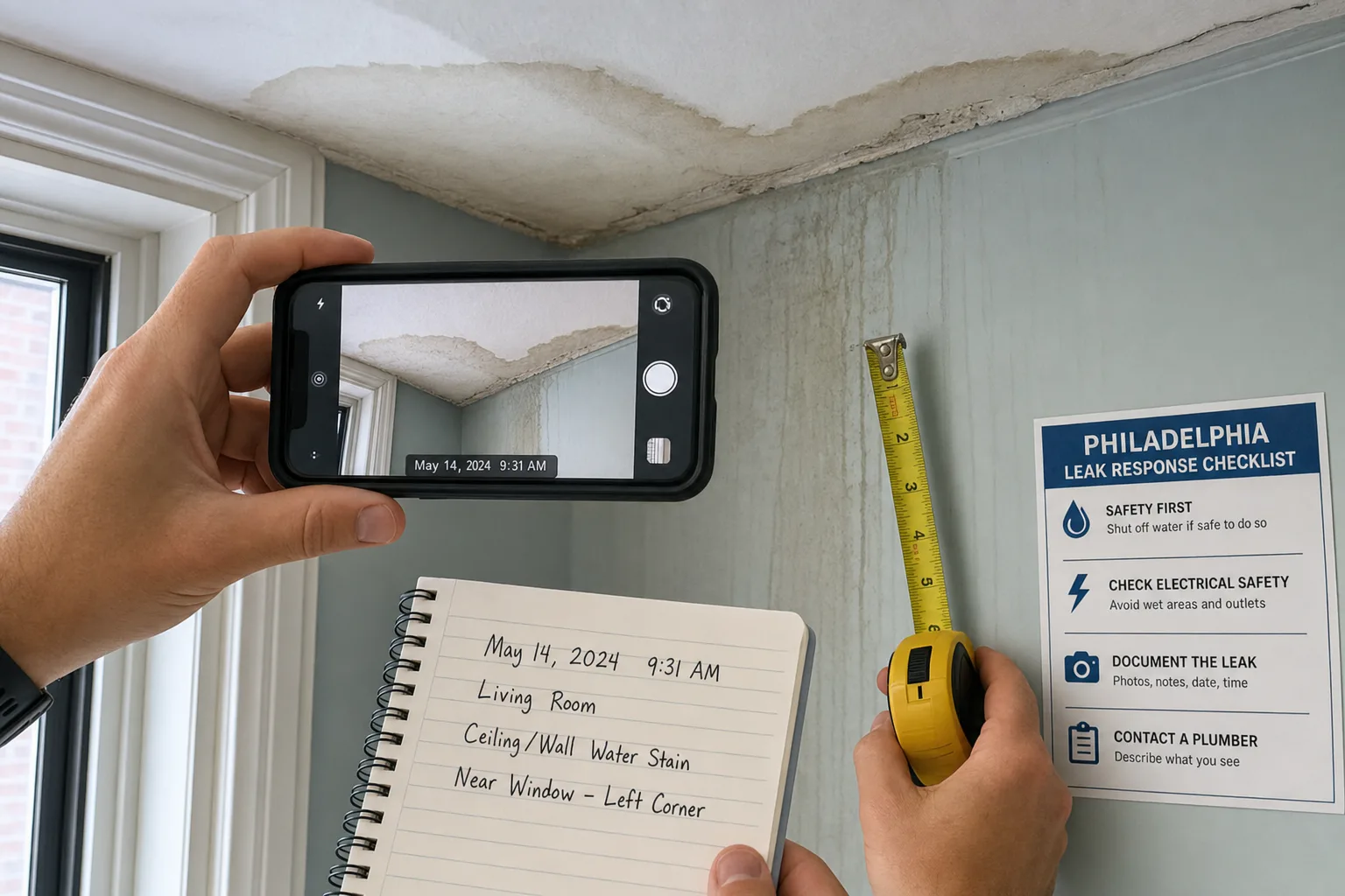 Close view of a smartphone photographing the edge of water damage on a ceiling and wall
