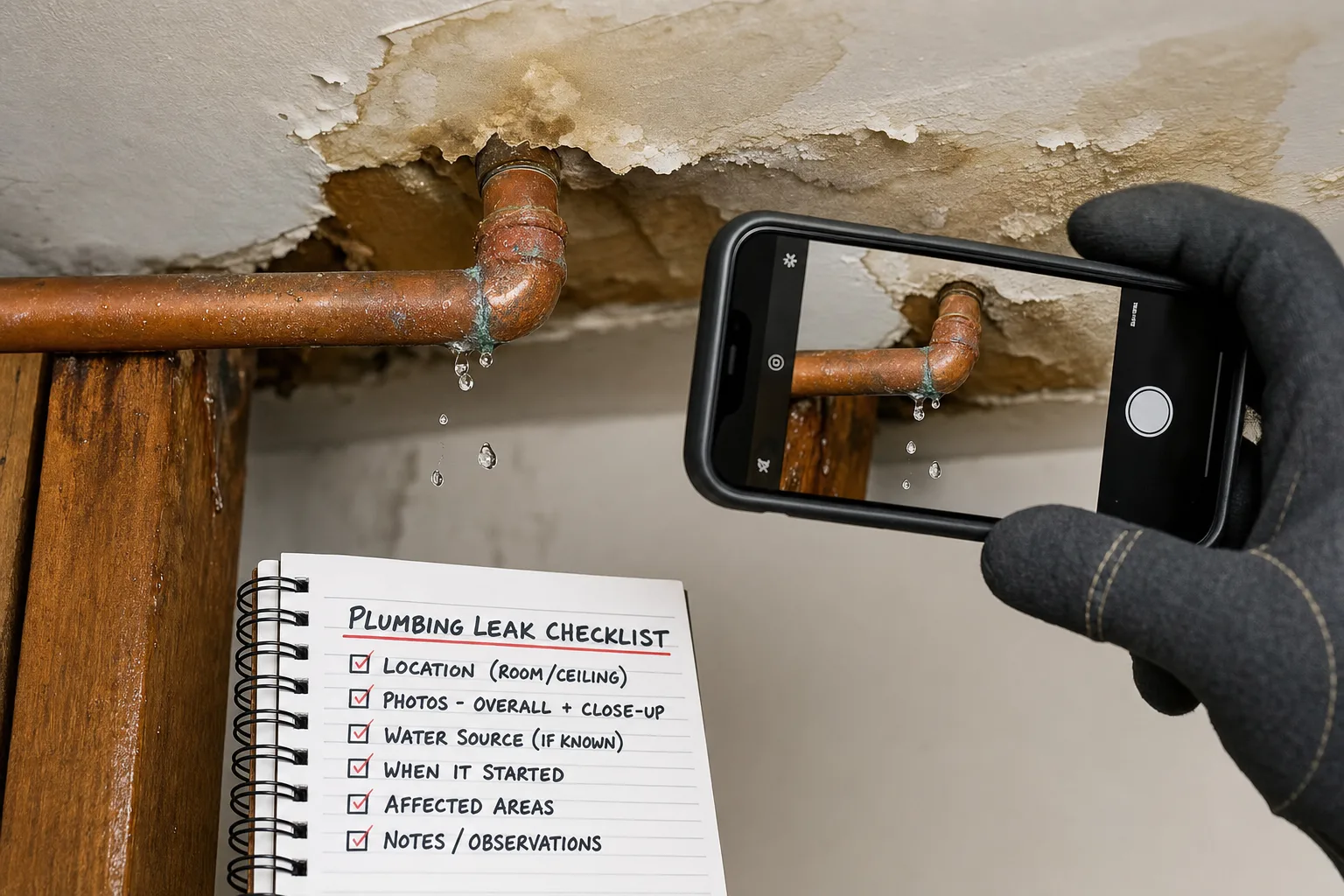 How to Document Water Damage for a Plumber When a Ceiling or Wall Is Wet checklist infographic for Philadelphia