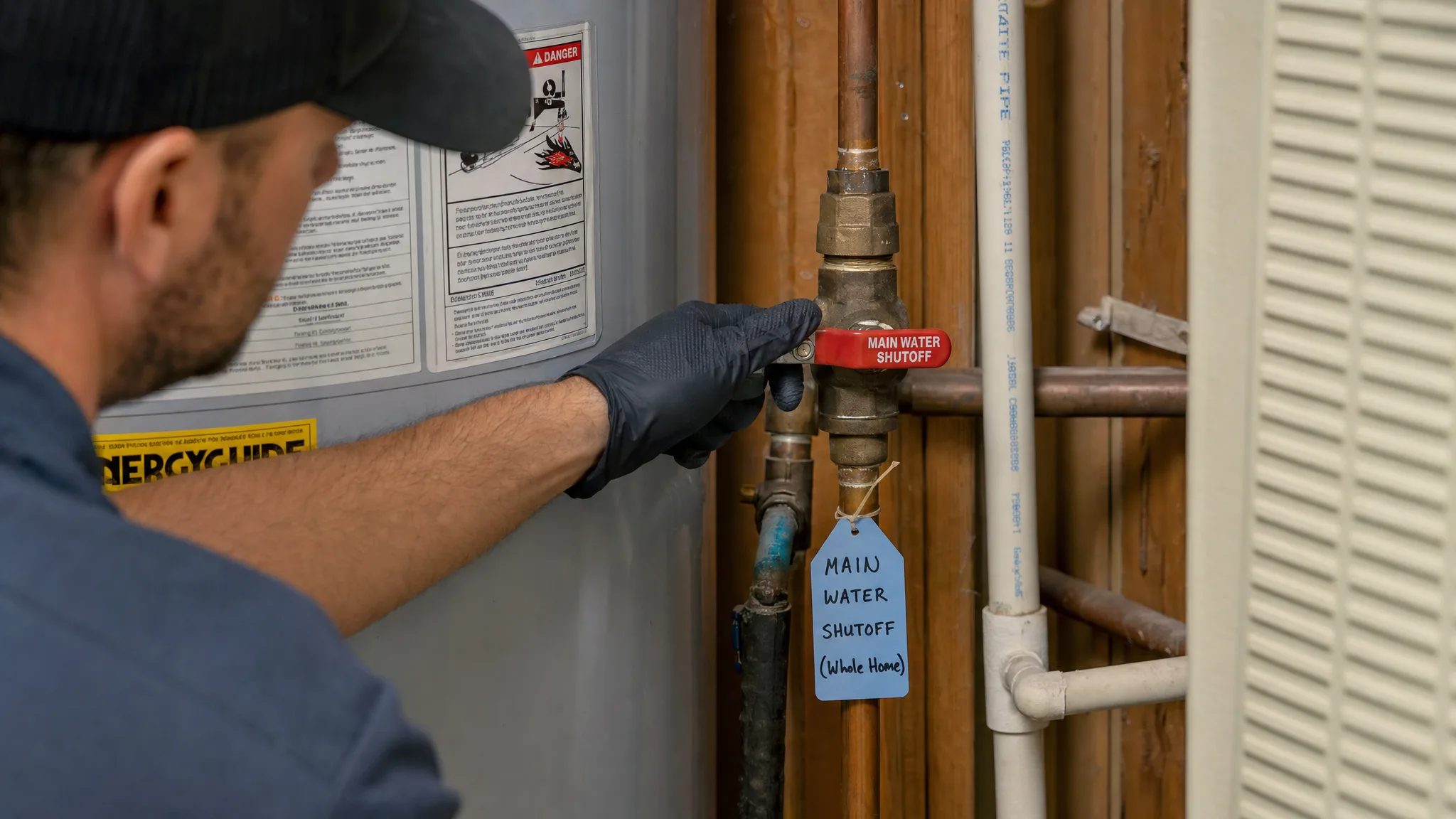 Close-up of a labeled main water shutoff valve in an Austin home utility area