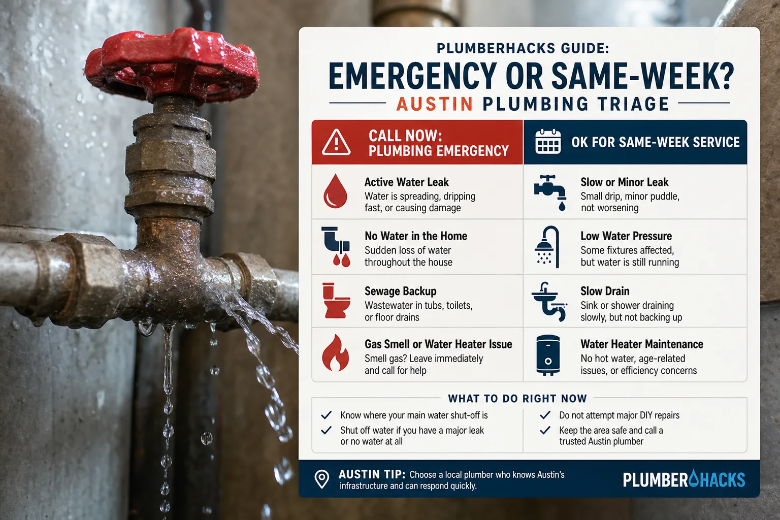 PlumberHacks Guide to Telling a Plumbing Emergency From a Same-Week Repair checklist infographic for Austin