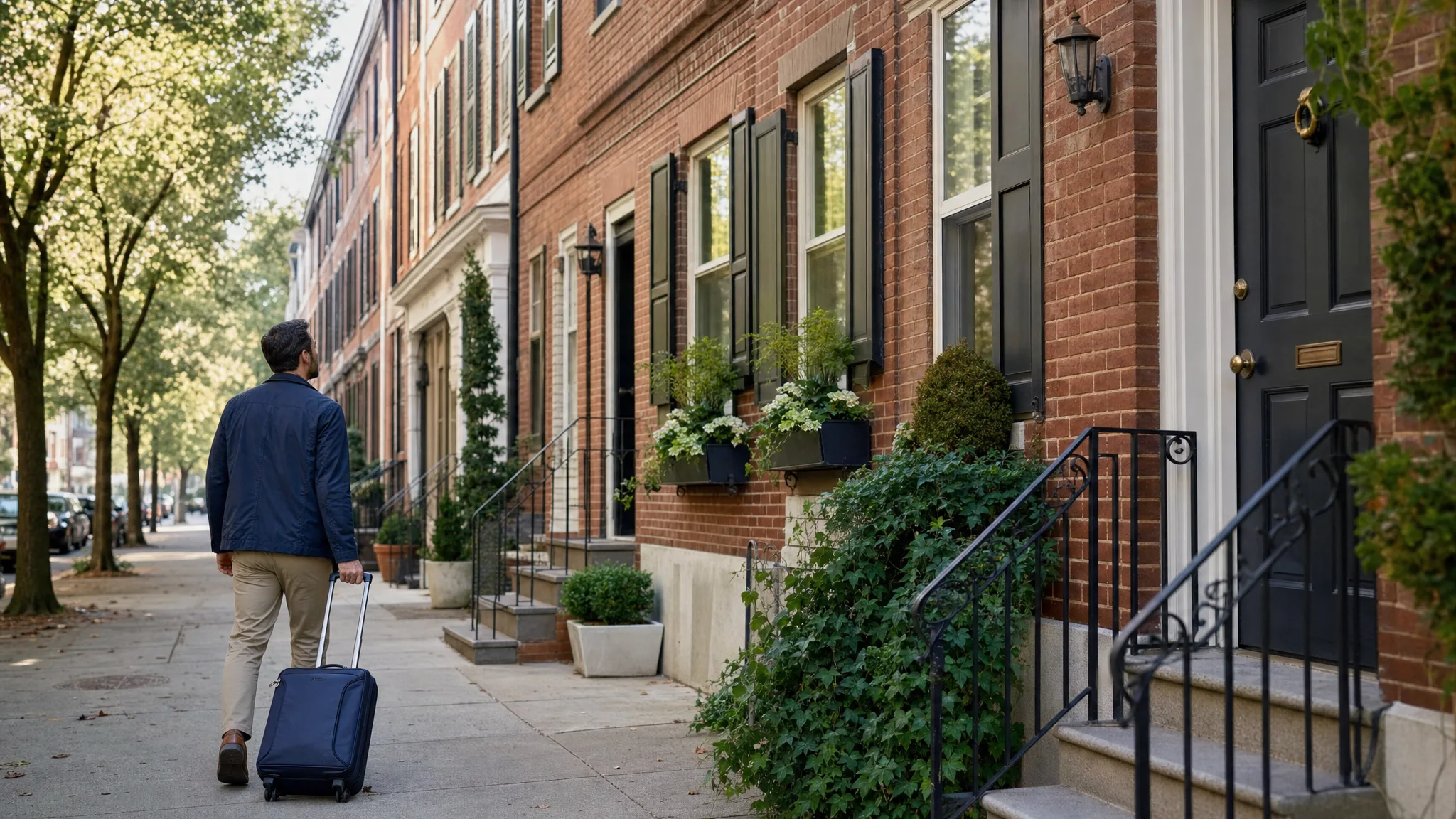 Brick Philadelphia rowhouse exterior prepared for a vacation plumbing check