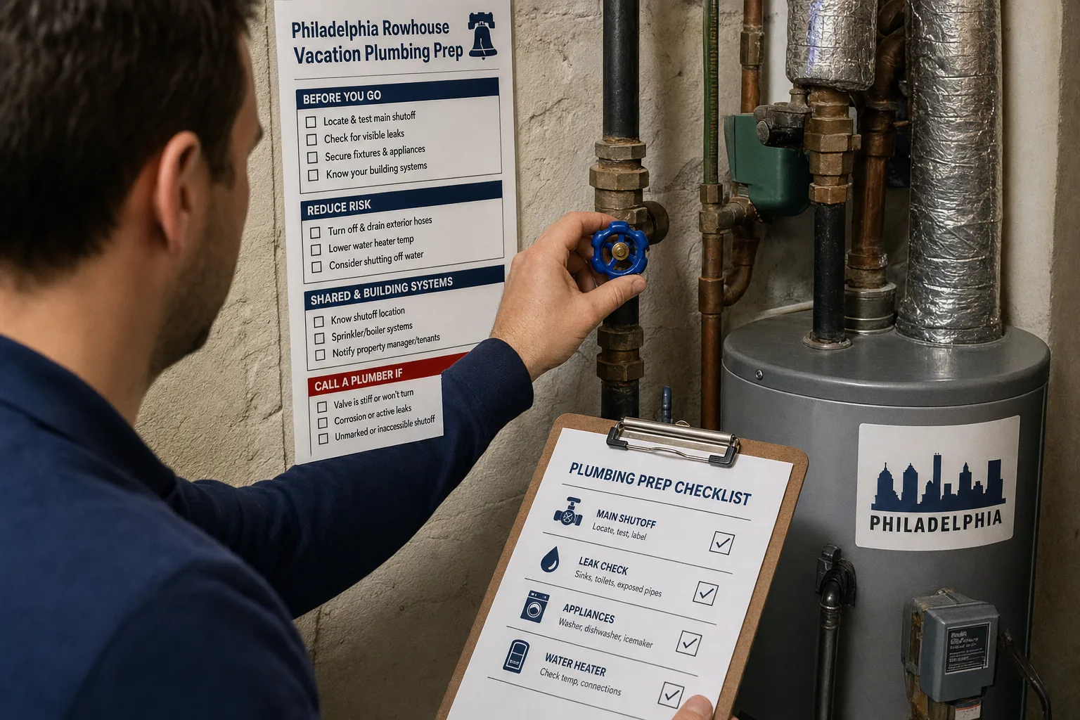 Homeowner labeling an accessible main water shutoff valve in a Philadelphia rowhouse basement