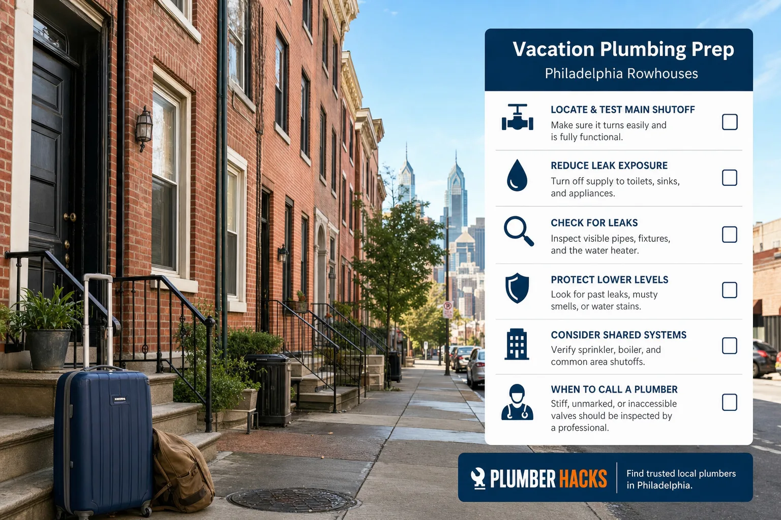 Preventing Vacation Water Damage in Philadelphia Rowhouses: A Plumbing Prep List checklist infographic for Philadelphia