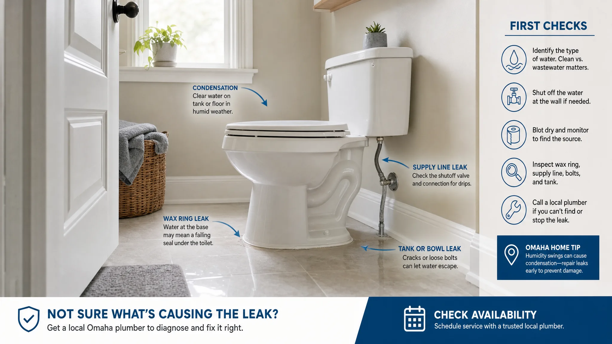 Homeowner checking for moisture around the base of a toilet in an Omaha bathroom