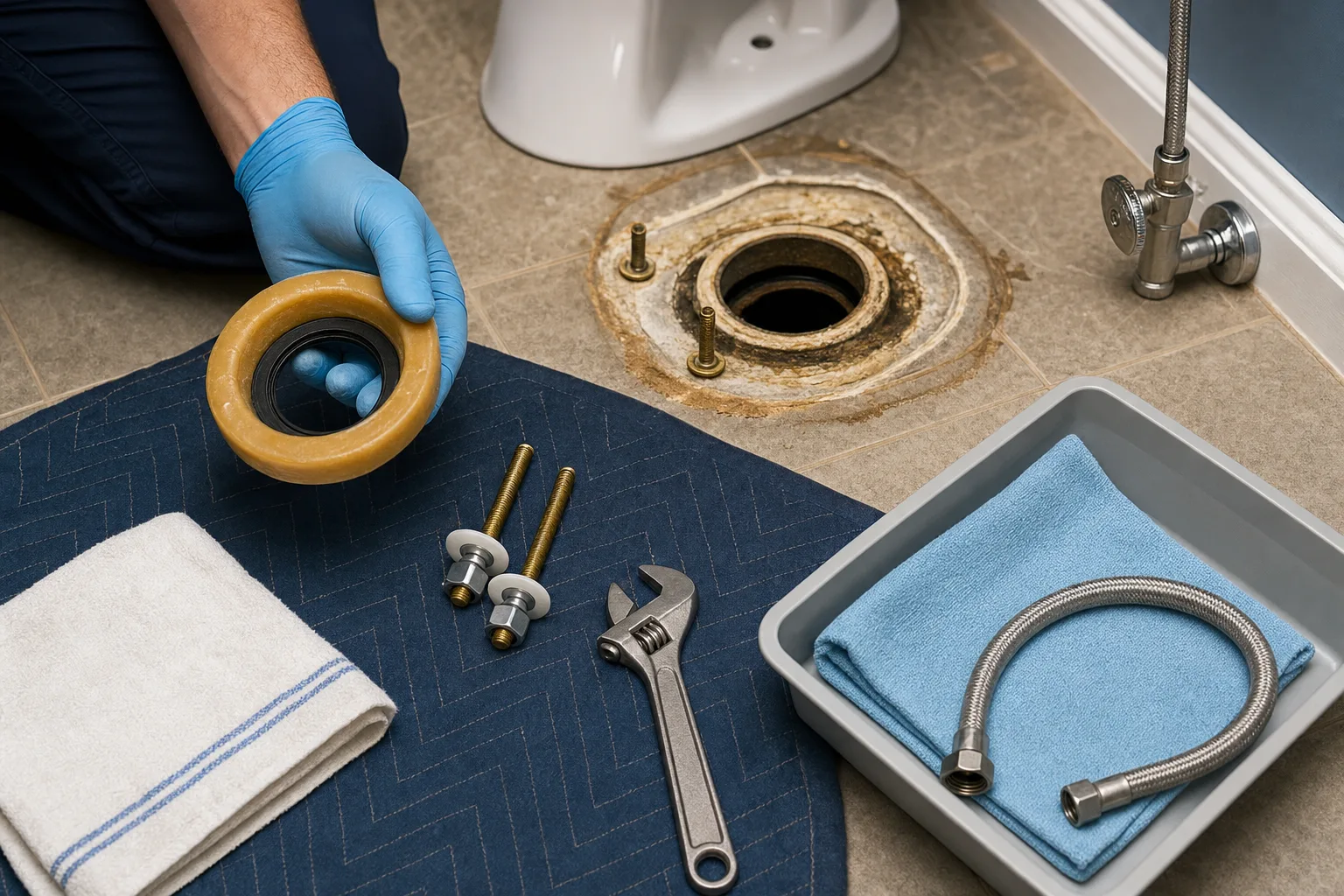 Plumber preparing a replacement toilet wax ring and mounting hardware for a toilet leak repair