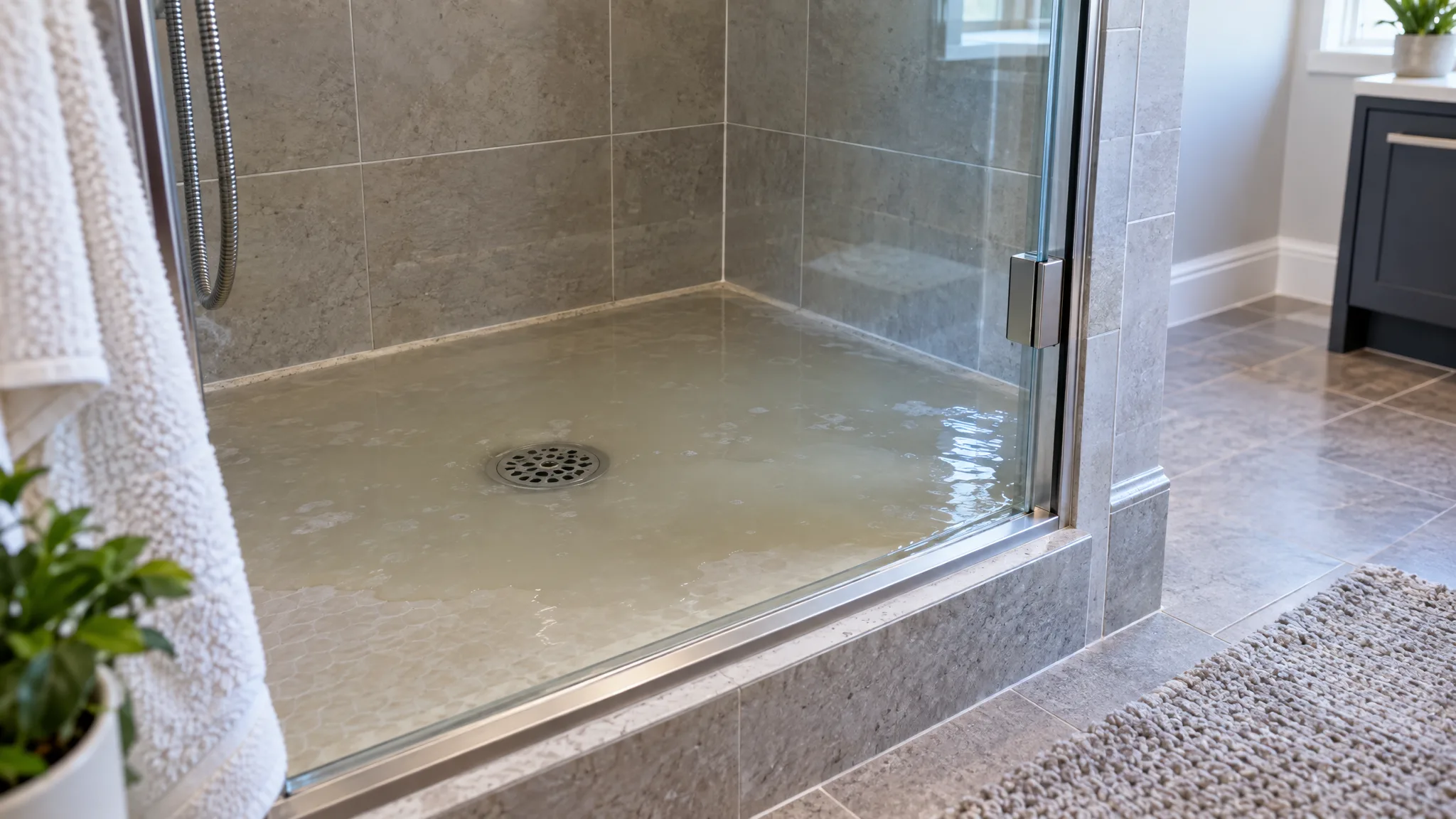 Standing cloudy water around a shower drain