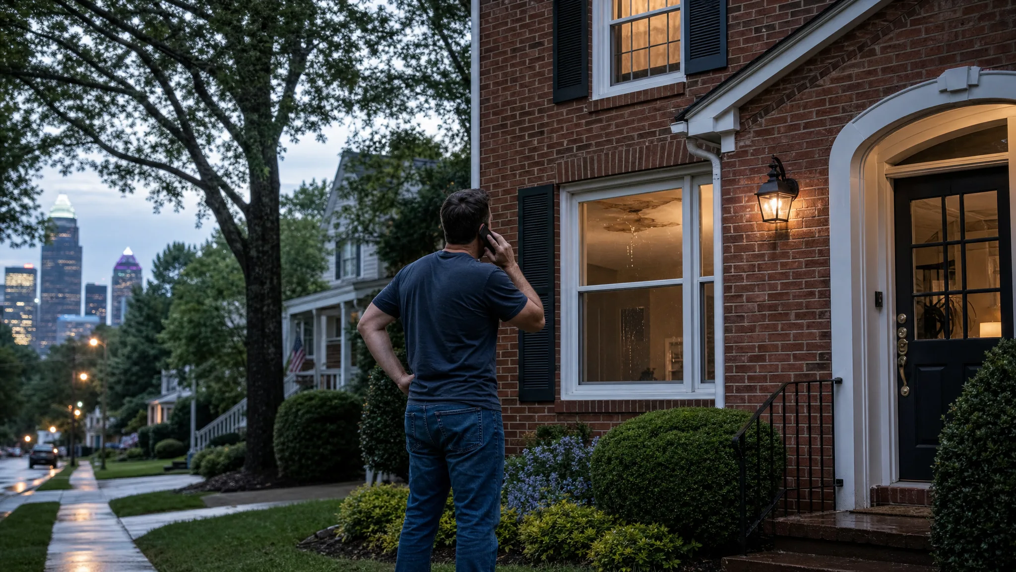 Charlotte homeowner outside a brick home calling for help after noticing a ceiling water leak
