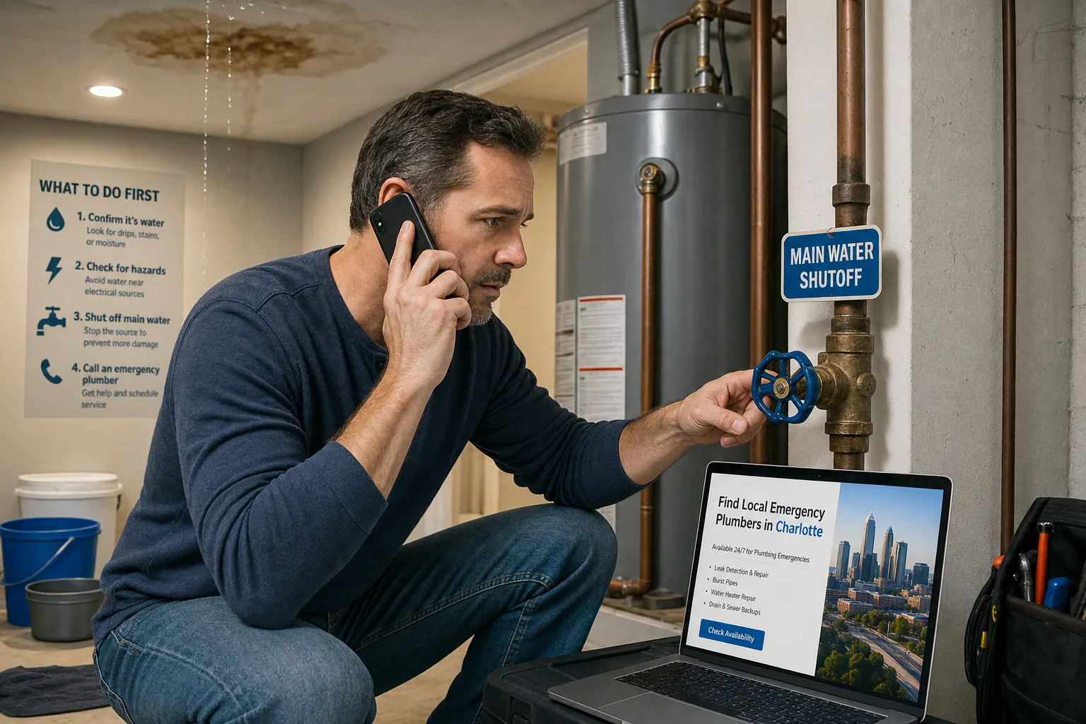 Homeowner using a phone beside a clearly labeled main water shutoff valve