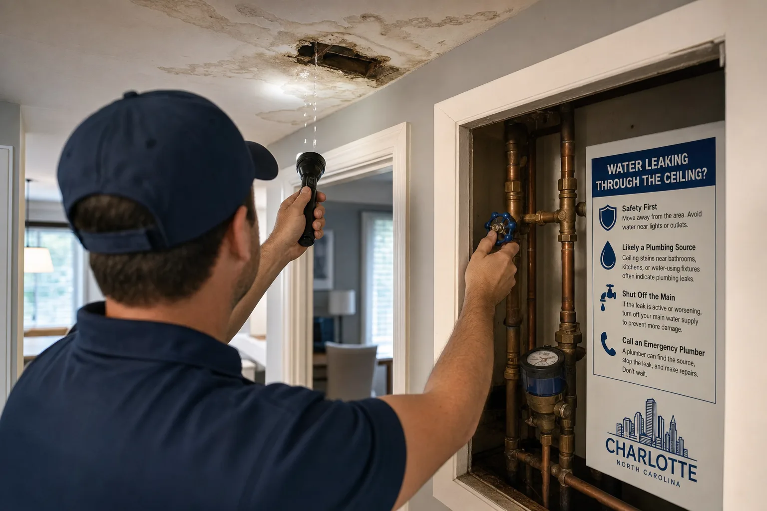 Water Leaking Through the Ceiling in Charlotte: When to Shut Off the Main and Call an Emergency Plumber checklist infographic for Charlotte