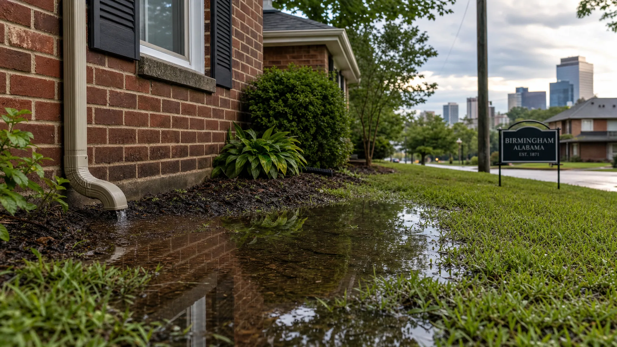 What Birmingham Homeowners Should Check After Heavy Rain Causes a Yard Drainage Problem Standing rainwater beside a Birmingham home near a downspout after heavy rain